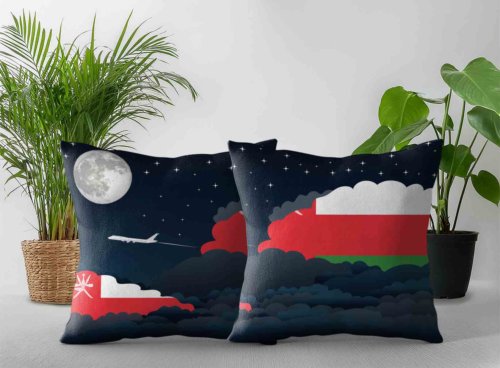 Oman World Airplane Night Clouds Square & Rectangle Pillow Cases | Aviation Night Sky Decorative Throw Pillow Covers