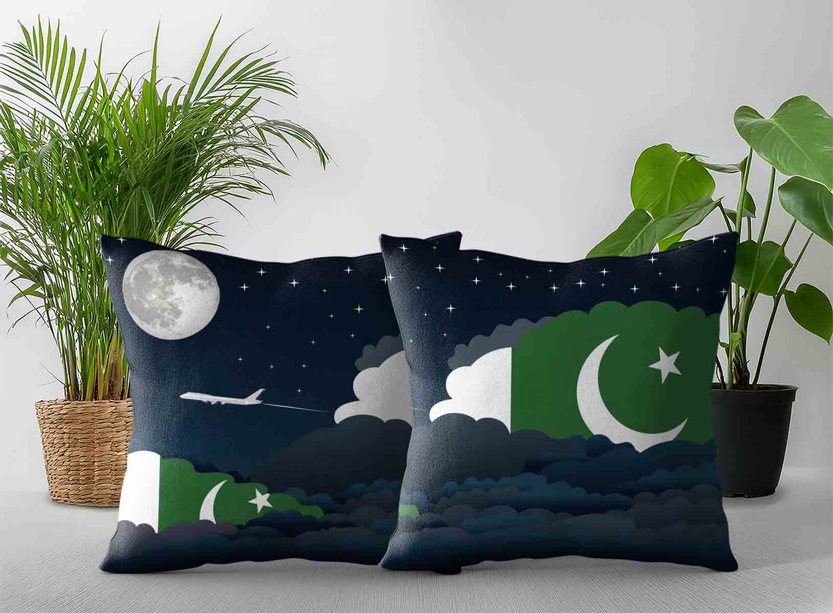Pakistan World Airplane Night Clouds Square & Rectangle Pillow Cases | Aviation Night Sky Decorative Throw Pillow Covers