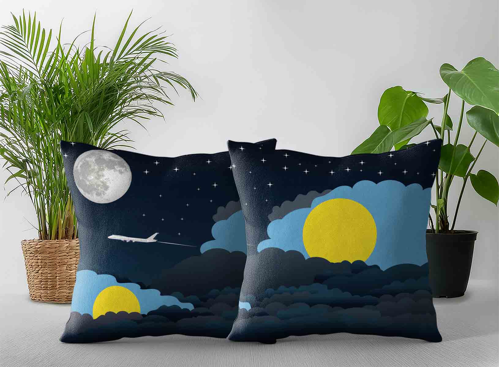 Palau World Airplane Night Clouds Square & Rectangle Pillow Cases | Aviation Night Sky Decorative Throw Pillow Covers