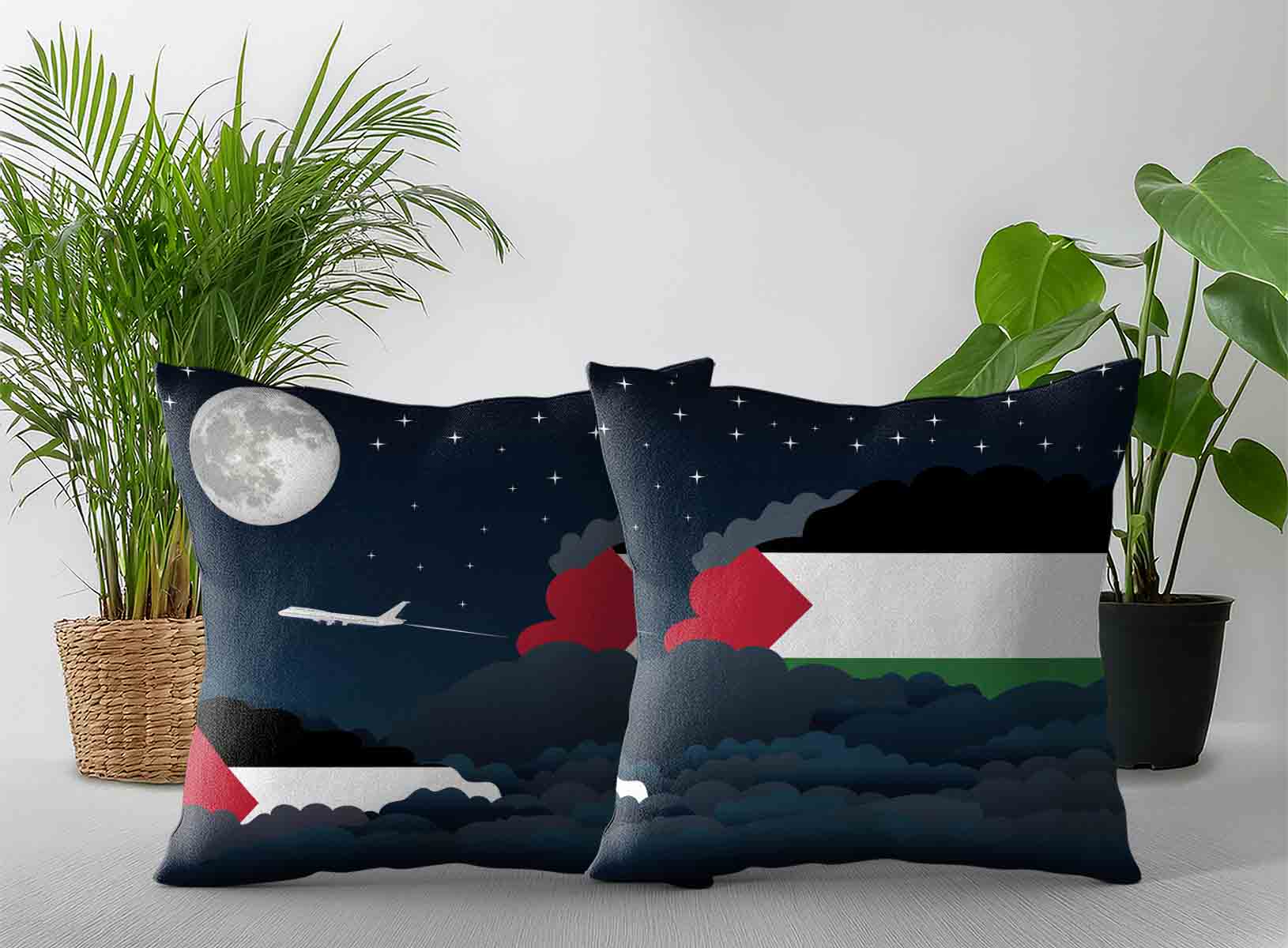 Palestine World Airplane Night Clouds Square & Rectangle Pillow Cases | Aviation Night Sky Decorative Throw Pillow Covers