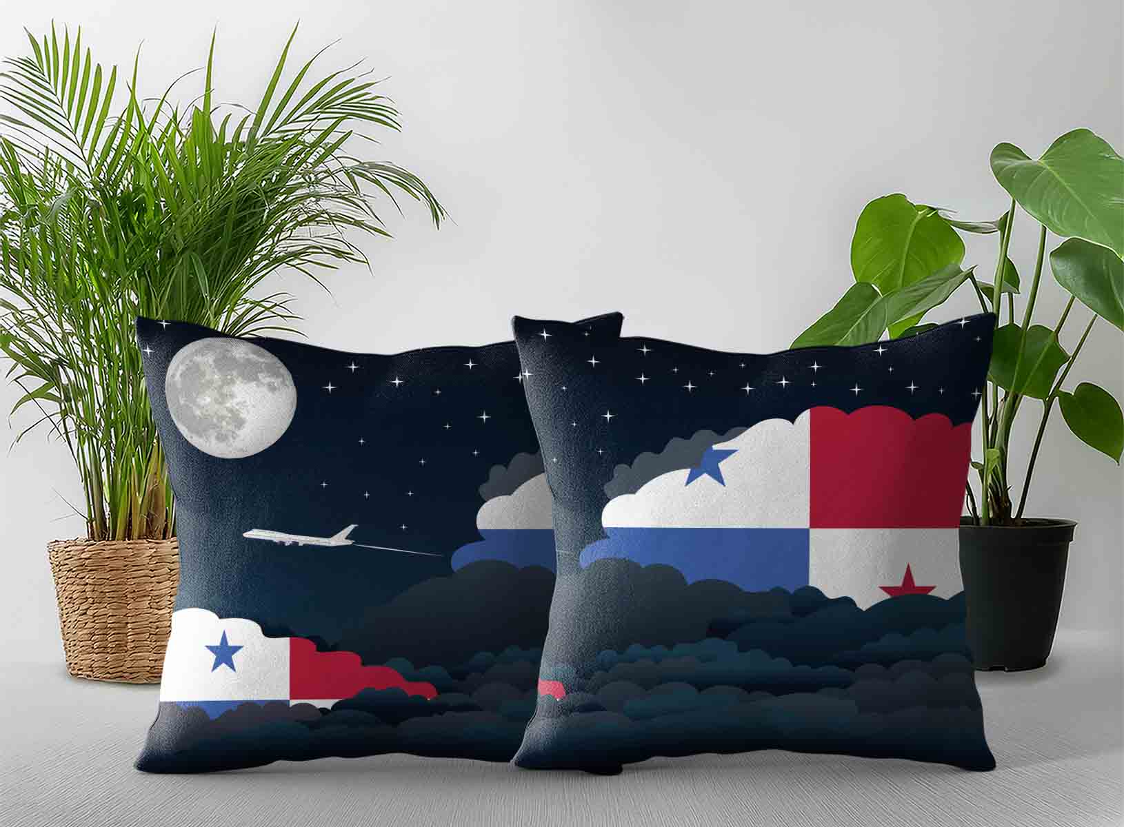 Panama World Airplane Night Clouds Square & Rectangle Pillow Cases | Aviation Night Sky Decorative Throw Pillow Covers