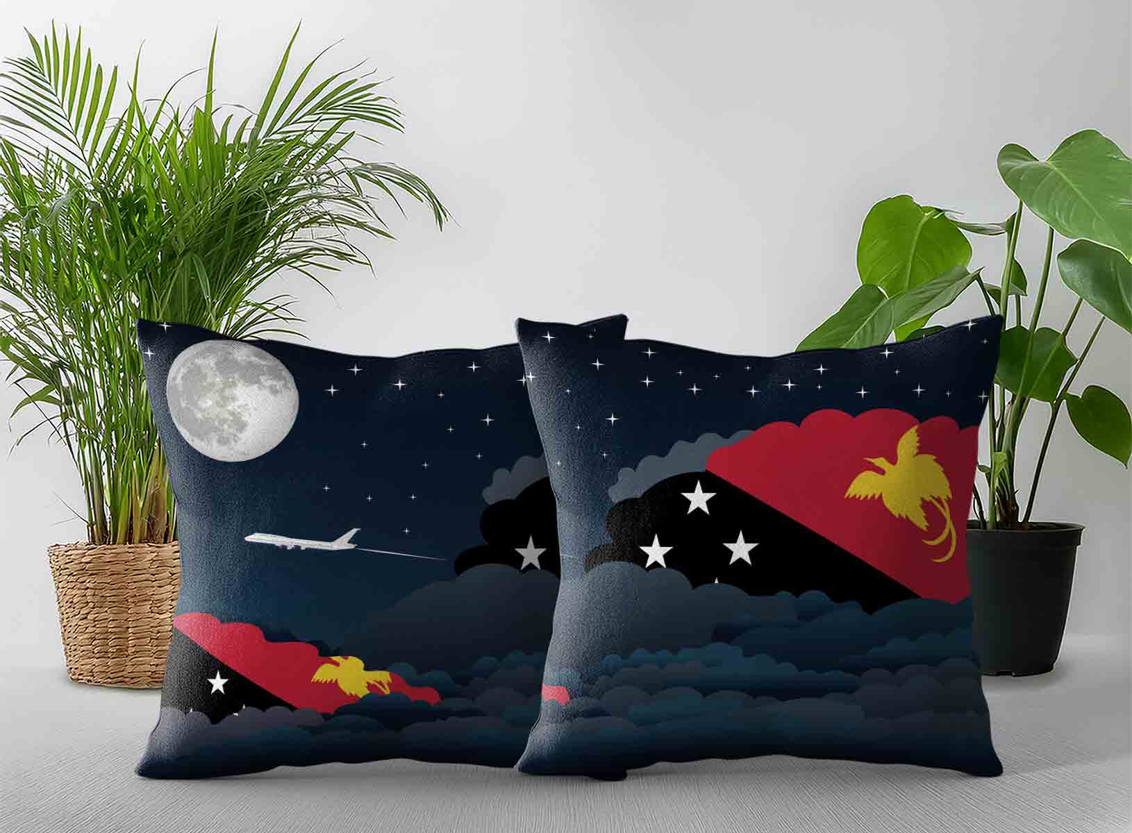Papua New Guinea World Airplane Night Clouds Square & Rectangle Pillow Cases | Aviation Night Sky Decorative Throw Pillow Covers