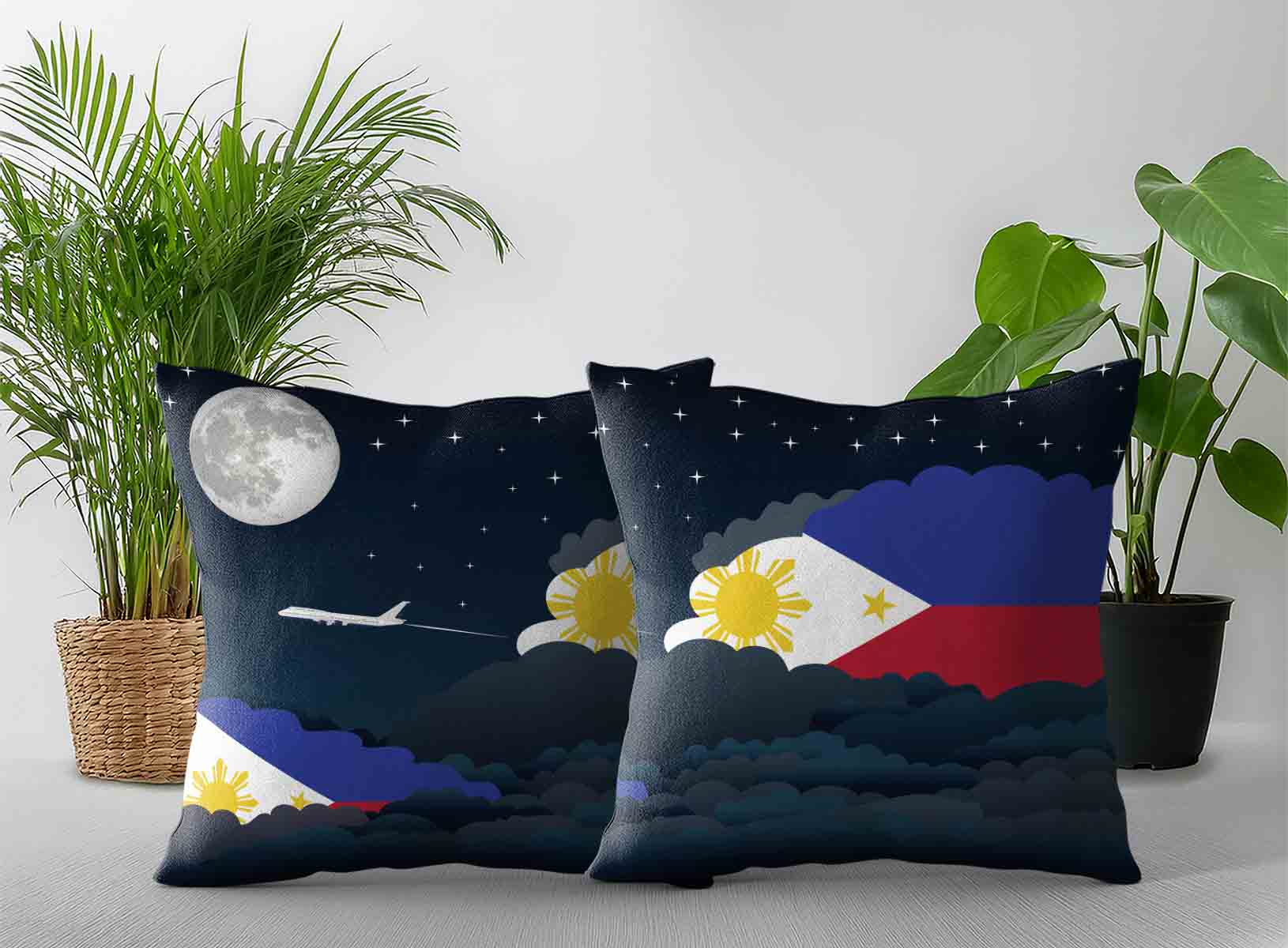 Philippines World Airplane Night Clouds Square & Rectangle Pillow Cases | Aviation Night Sky Decorative Throw Pillow Covers