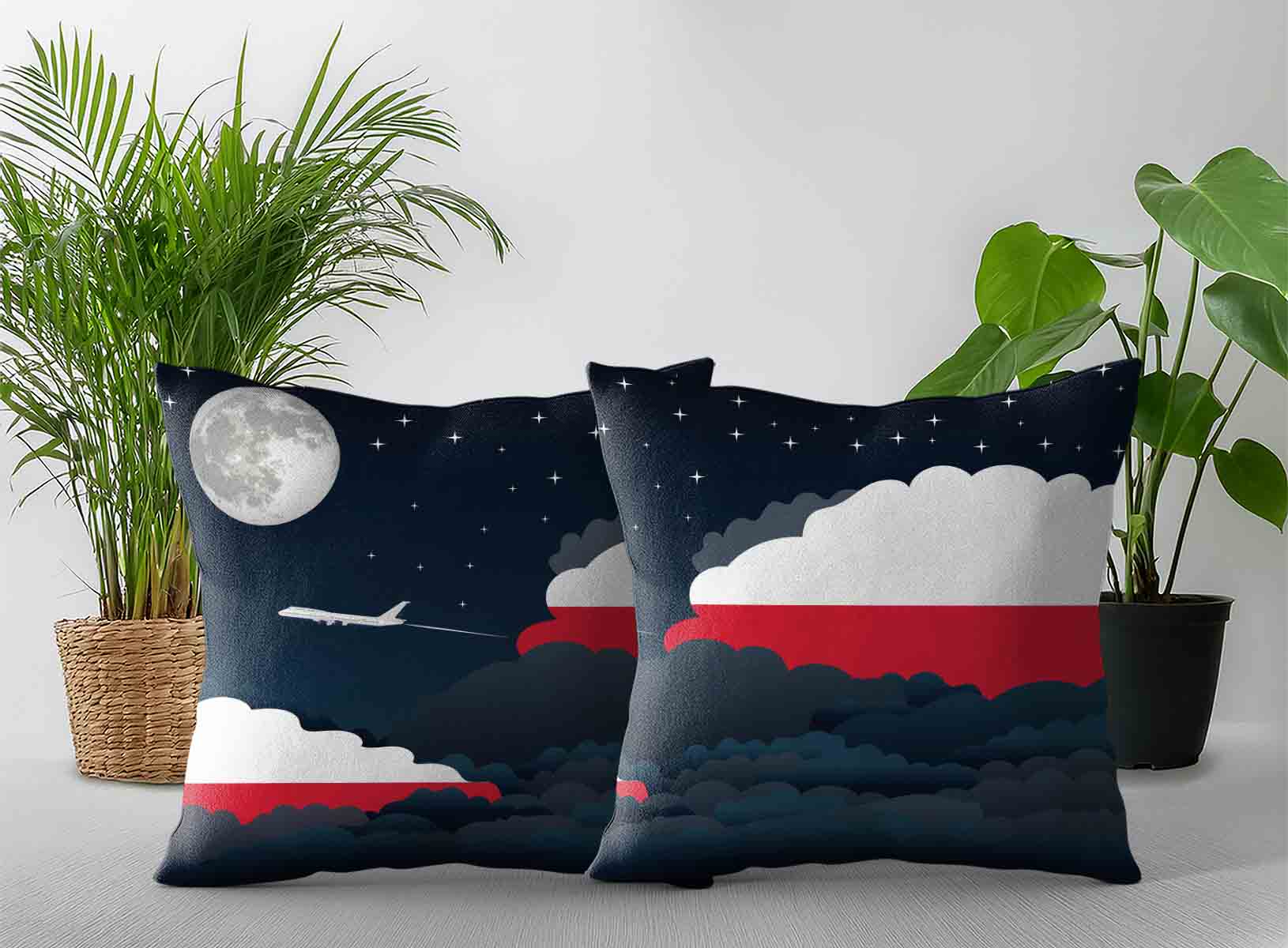Poland World Airplane Night Clouds Square & Rectangle Pillow Cases | Aviation Night Sky Decorative Throw Pillow Covers
