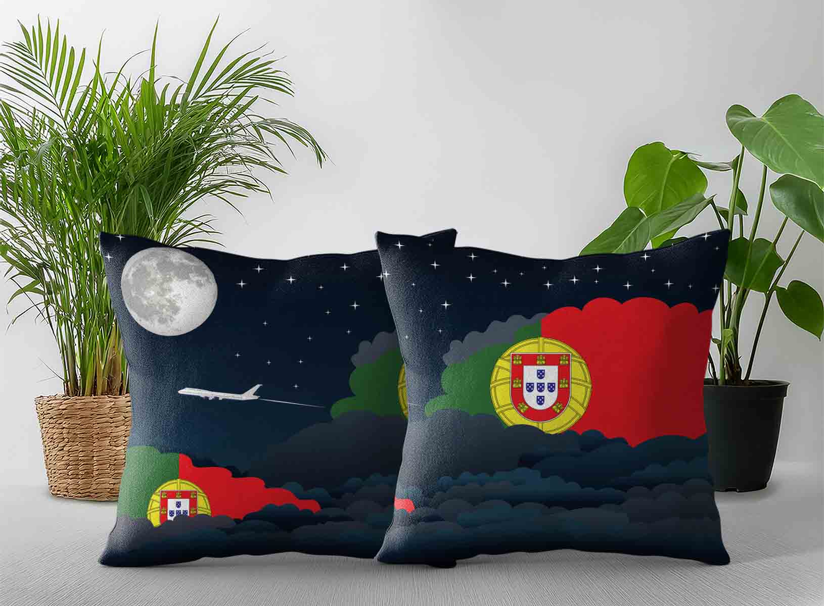 Portugal World Airplane Night Clouds Square & Rectangle Pillow Cases | Aviation Night Sky Decorative Throw Pillow Covers