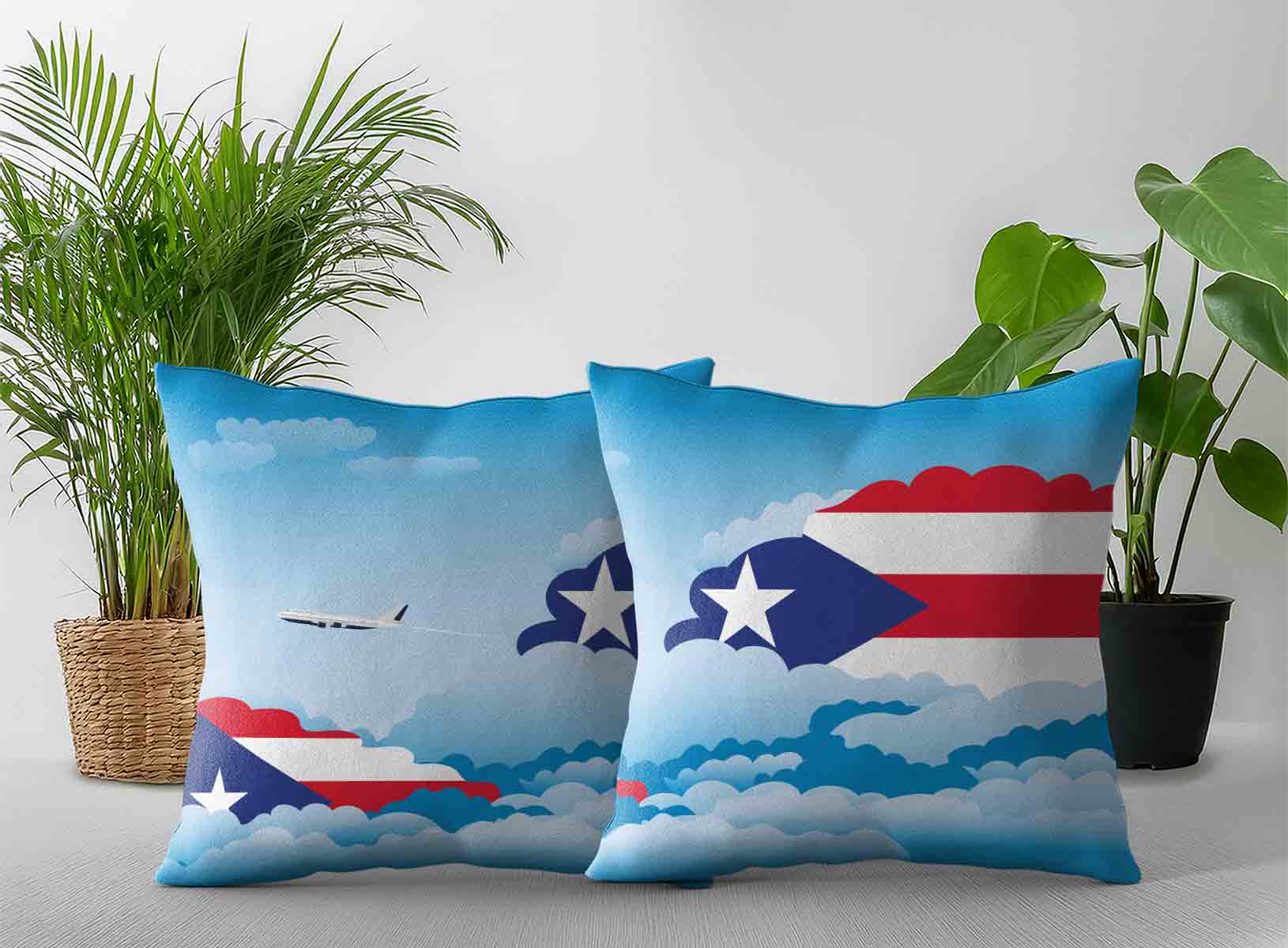 Puerto Rico World Airplane Day Clouds Square & Rectangle Pillow Cases | Aviation Sky Travel Decorative Throw Pillow Covers