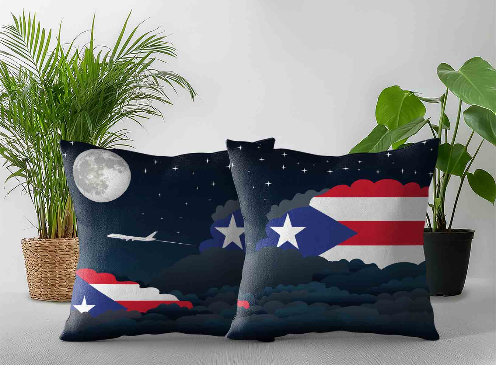 Puerto Rico World Airplane Night Clouds Square & Rectangle Pillow Cases | Aviation Night Sky Decorative Throw Pillow Covers