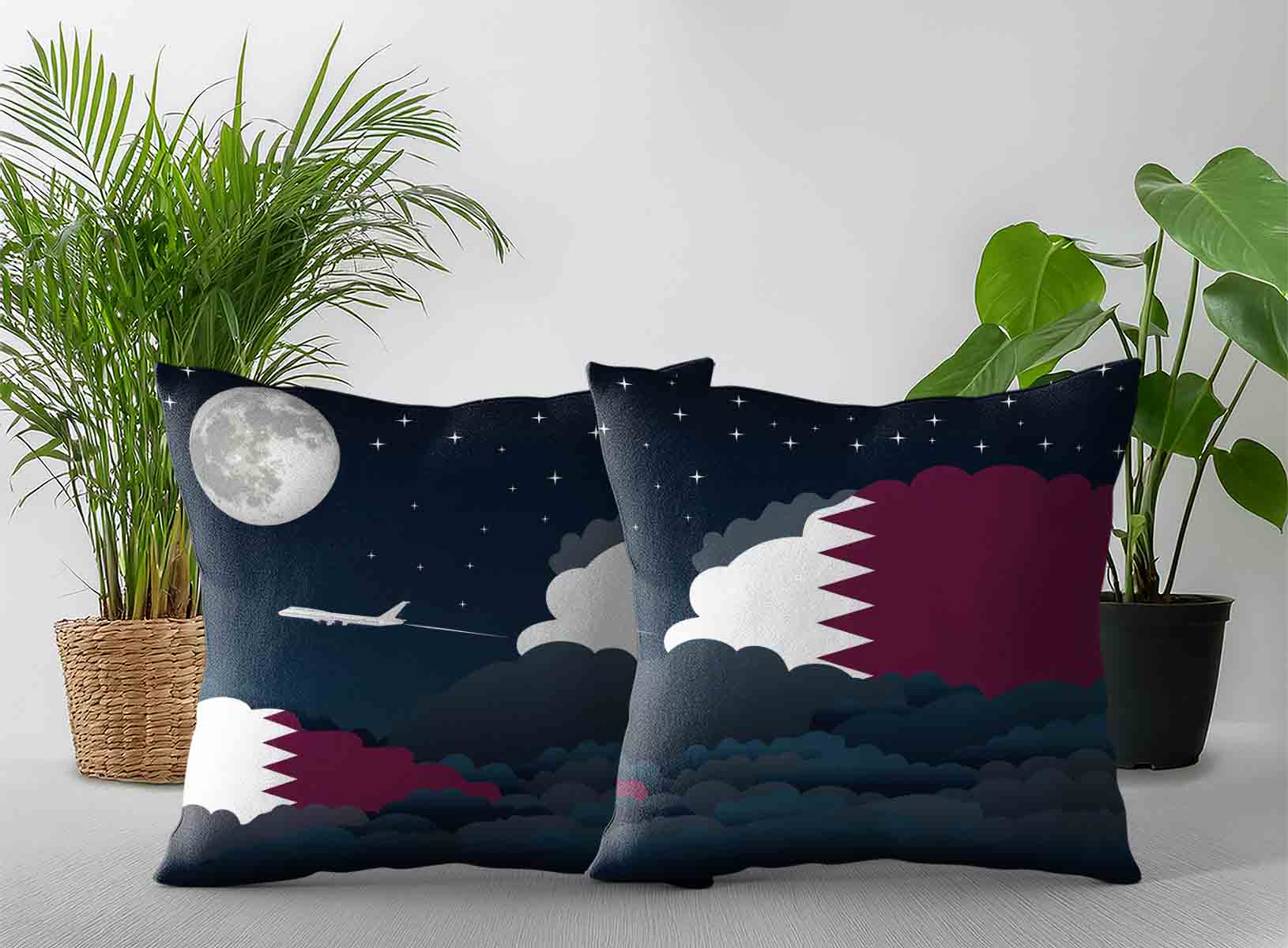 Qatar World Airplane Night Clouds Square & Rectangle Pillow Cases | Aviation Night Sky Decorative Throw Pillow Covers