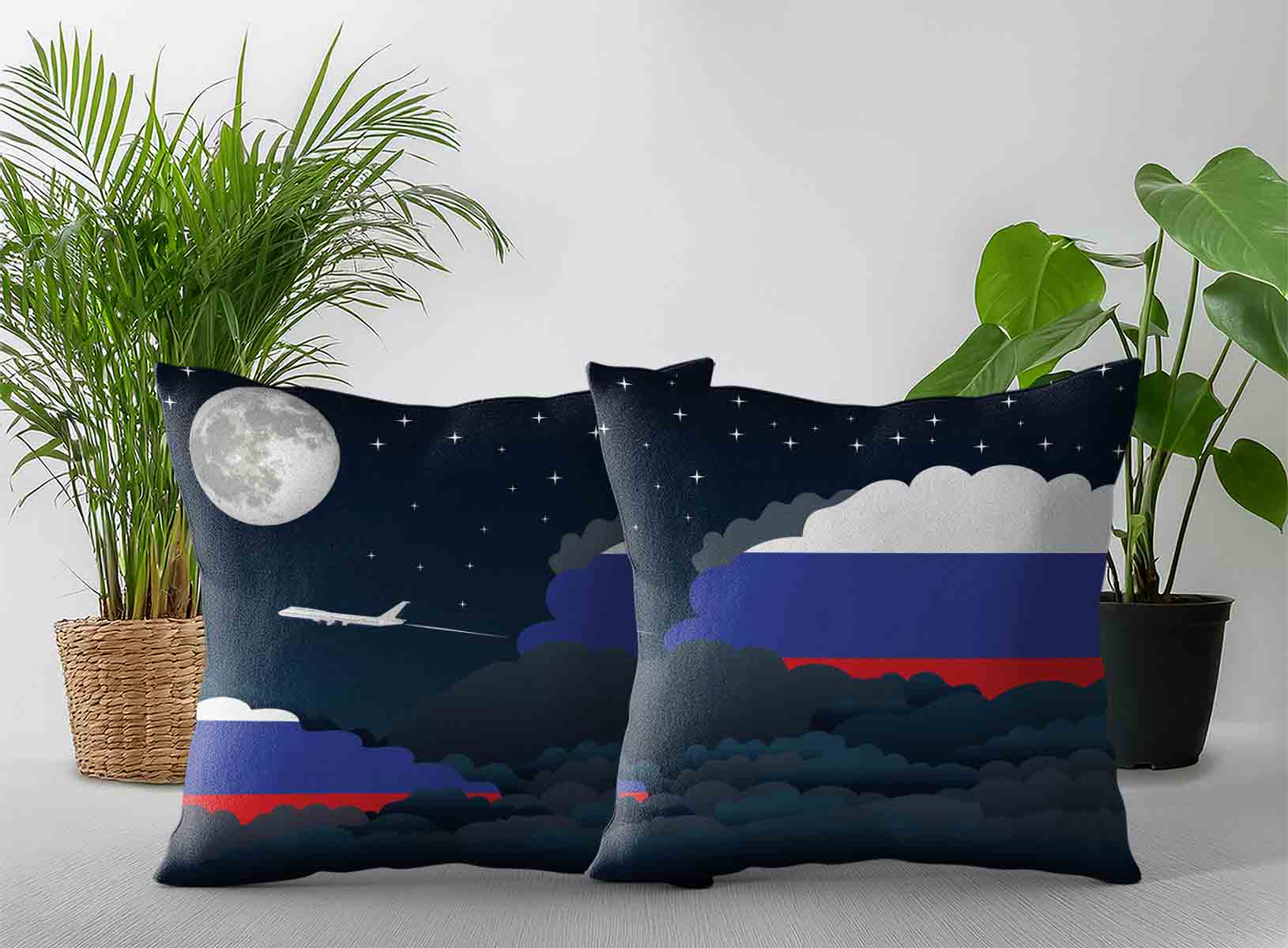 Russia World Airplane Night Clouds Square & Rectangle Pillow Cases | Aviation Night Sky Decorative Throw Pillow Covers