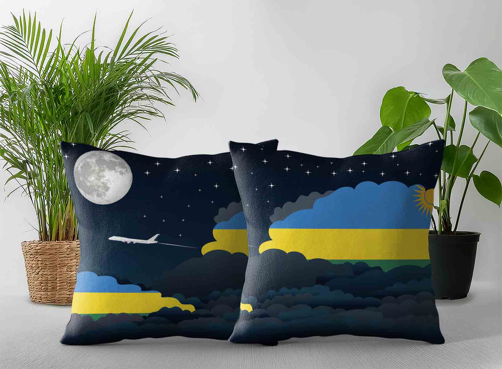 Rwanda World Airplane Night Clouds Square & Rectangle Pillow Cases | Aviation Night Sky Decorative Throw Pillow Covers