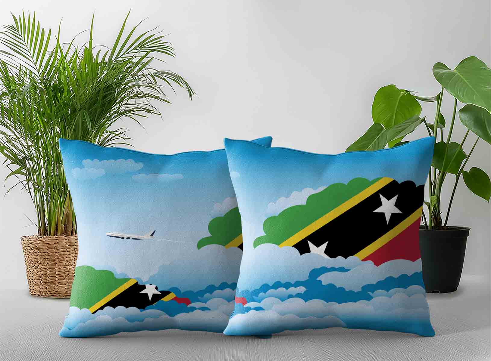 Saint Kitts Case and Nevis World Airplane Day Clouds Square & Rectangle Pillow Cases | Aviation Sky Travel Decorative Throw Pillow Covers