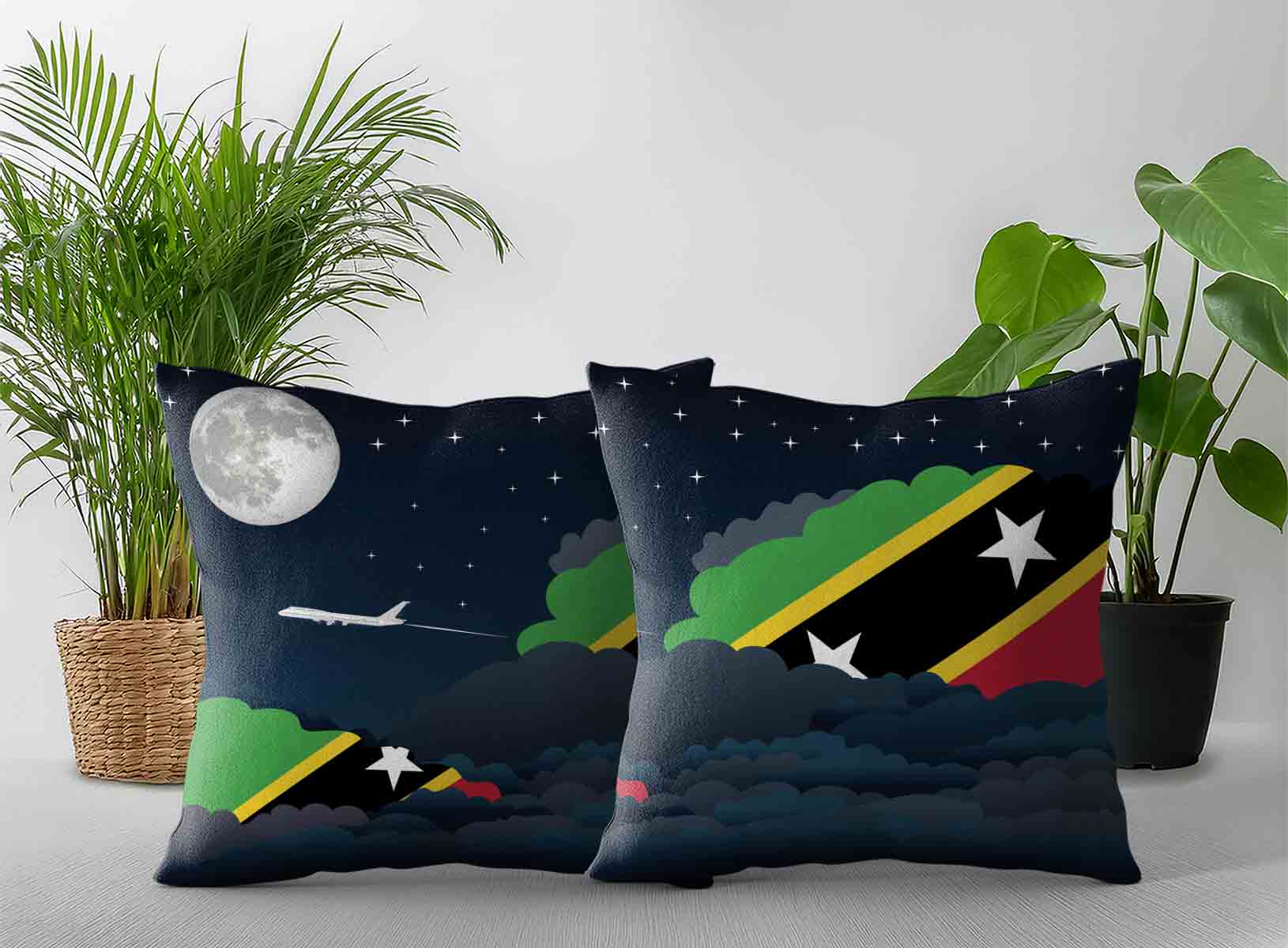 Saint Kitts Case and Nevis World Airplane Night Clouds Square & Rectangle Pillow Cases | Aviation Night Sky Decorative Throw Pillow Covers