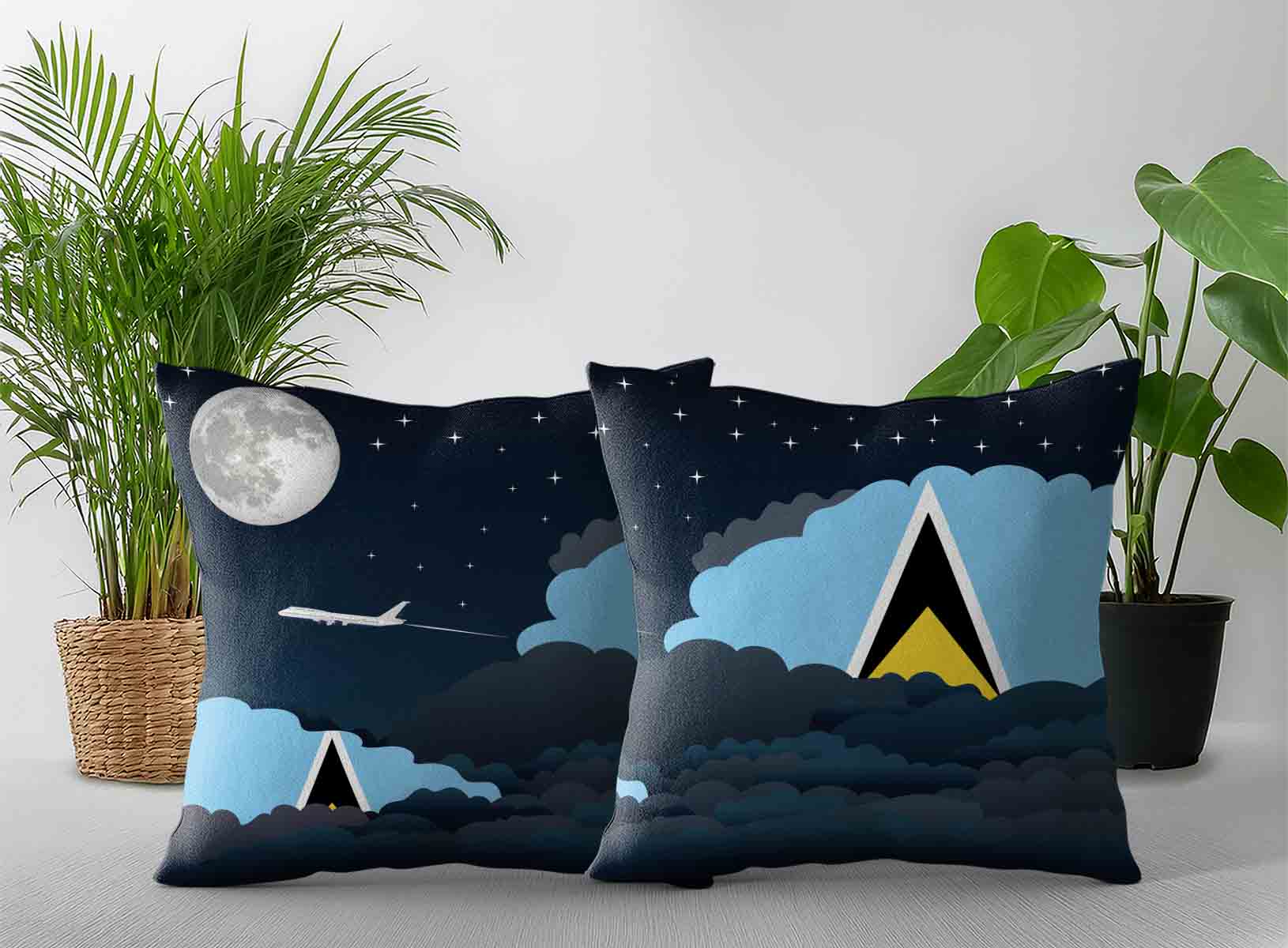 Saint Lucia World Airplane Night Clouds Square & Rectangle Pillow Cases | Aviation Night Sky Decorative Throw Pillow Covers
