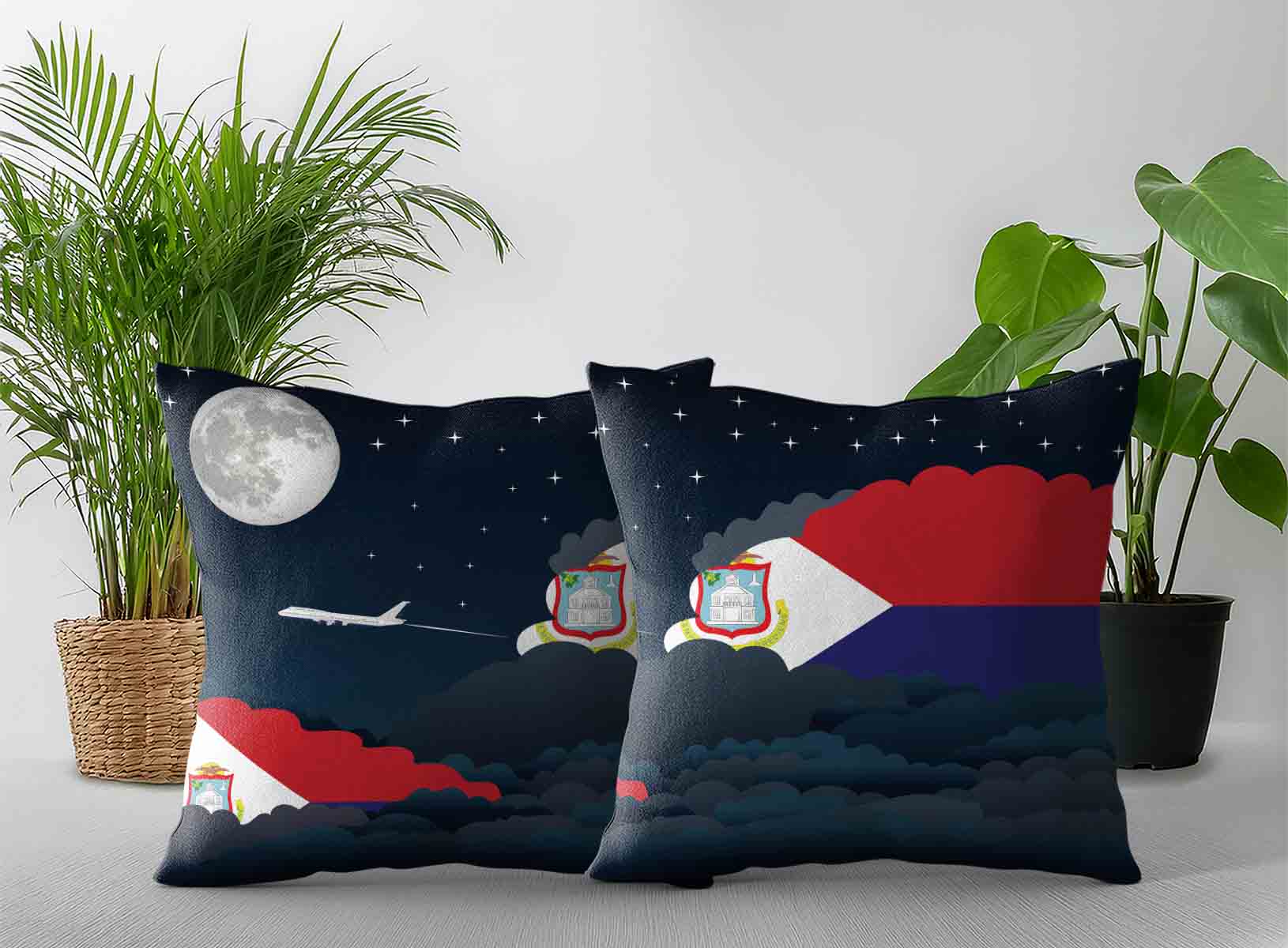 Saint Martin World Airplane Night Clouds Square & Rectangle Pillow Cases | Aviation Night Sky Decorative Throw Pillow Covers