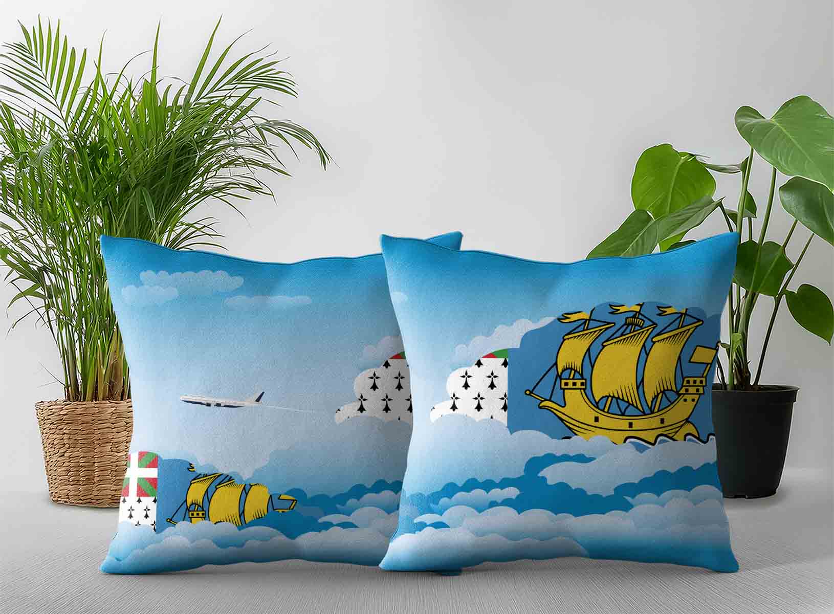 Saint Pierre Case and Miquelon World Airplane Day Clouds Square & Rectangle Pillow Cases | Aviation Sky Travel Decorative Throw Pillow Covers