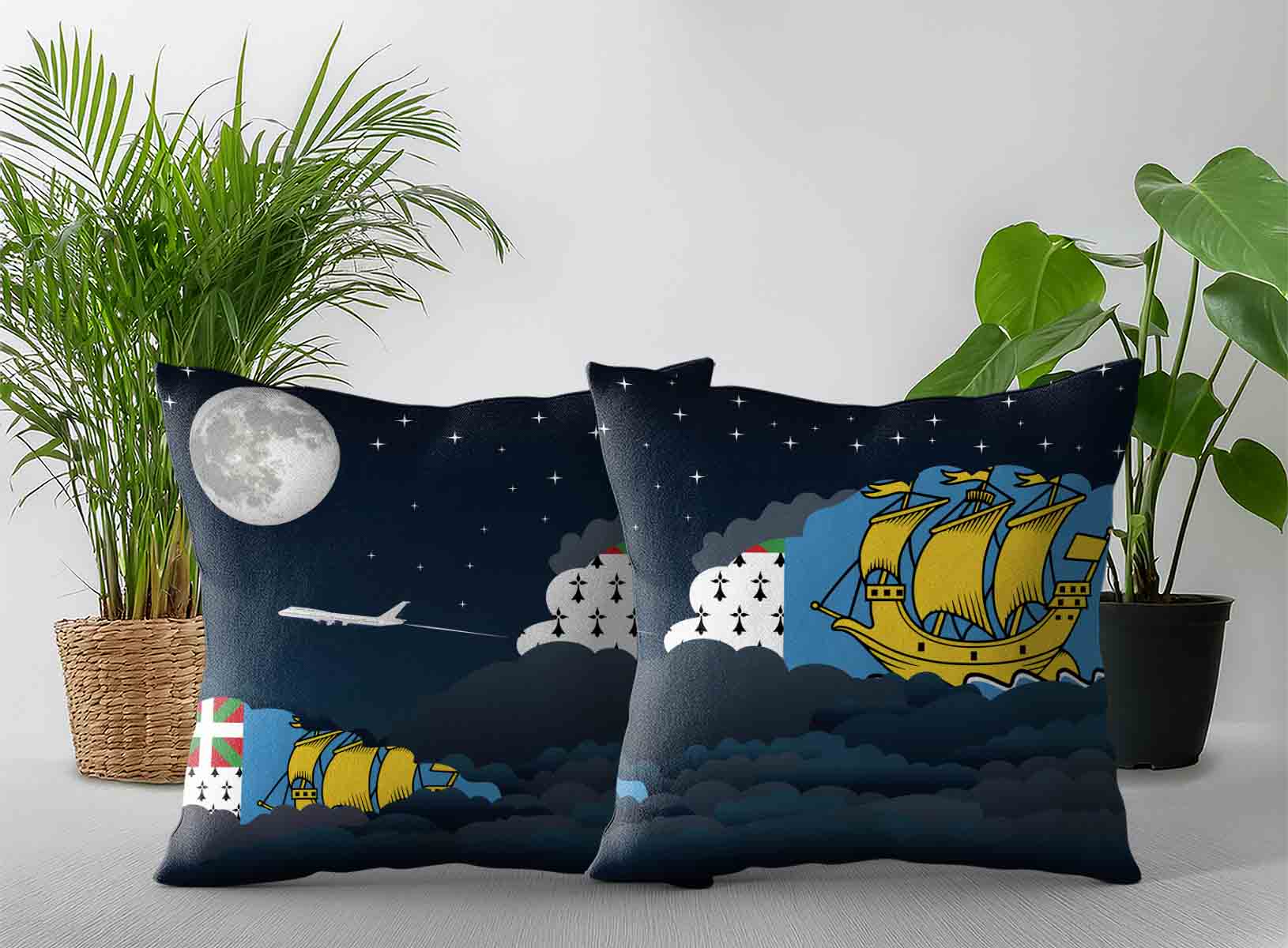 Saint Pierre Case and Miquelon World Airplane Night Clouds Square & Rectangle Pillow Cases | Aviation Night Sky Decorative Throw Pillow Covers