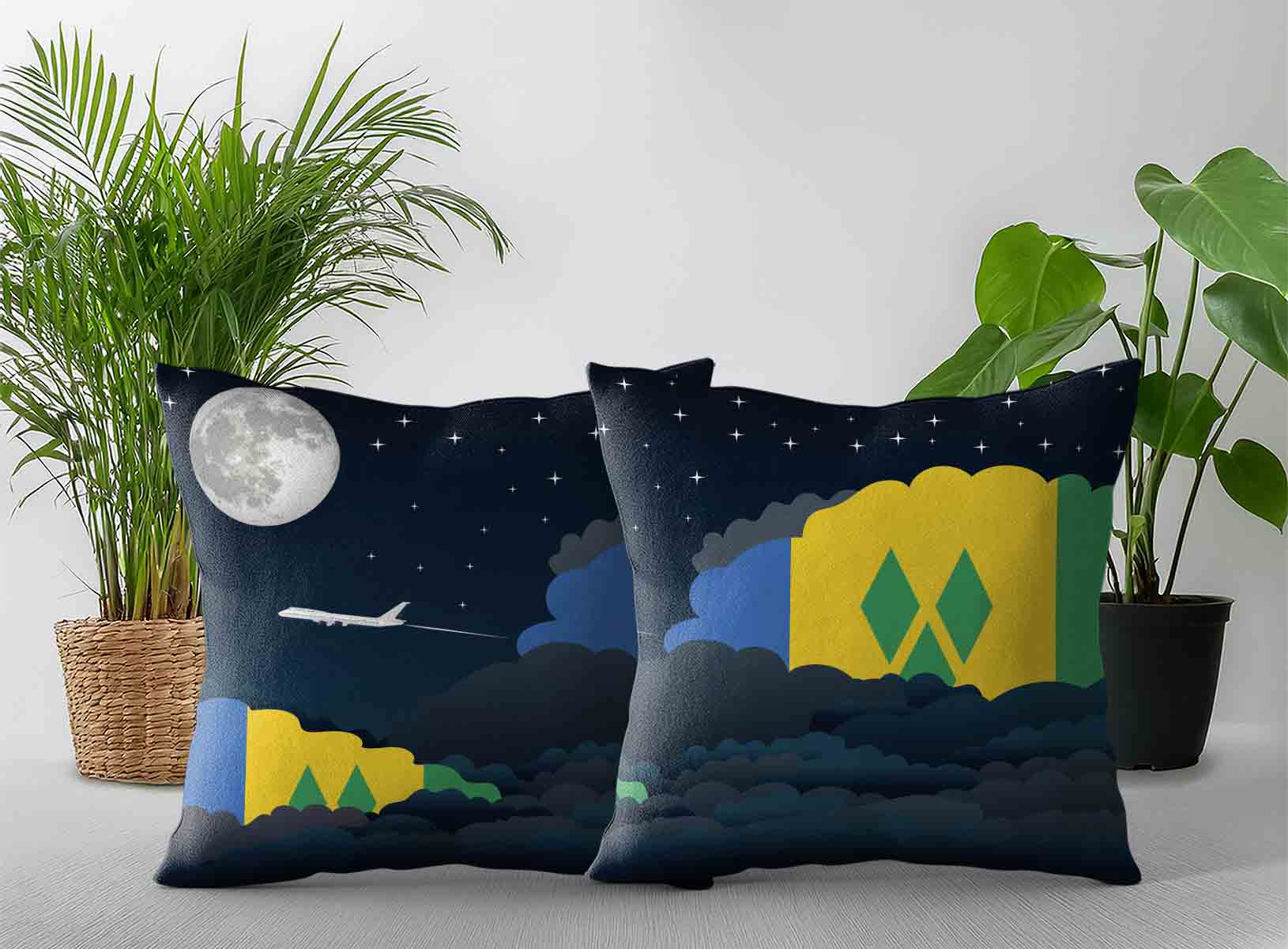 Saint Vincent Case and the Grenadines World Airplane Night Clouds Square & Rectangle Pillow Cases | Aviation Night Sky Decorative Throw Pillow Covers