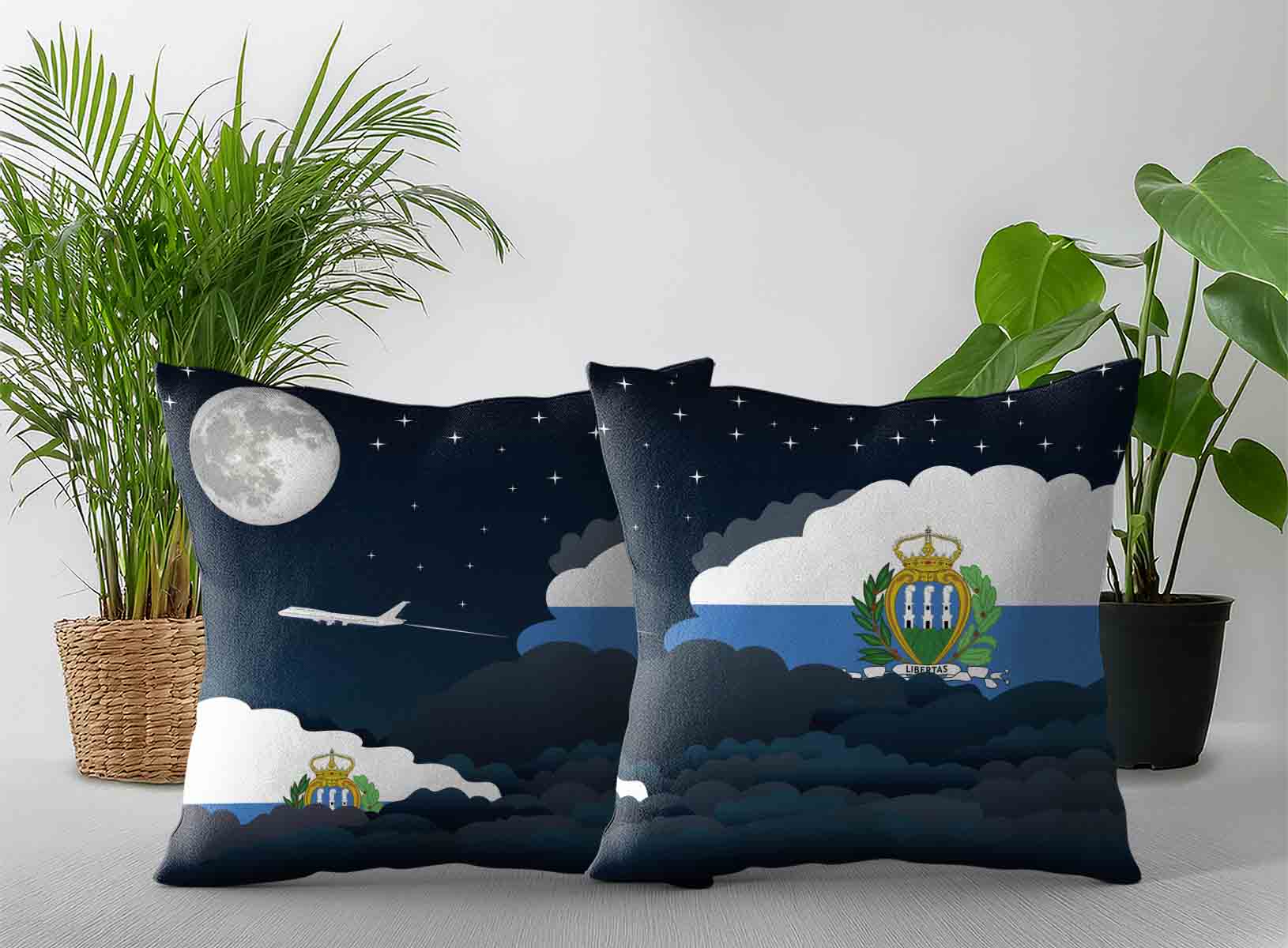 San Marino World Airplane Night Clouds Square & Rectangle Pillow Cases | Aviation Night Sky Decorative Throw Pillow Covers