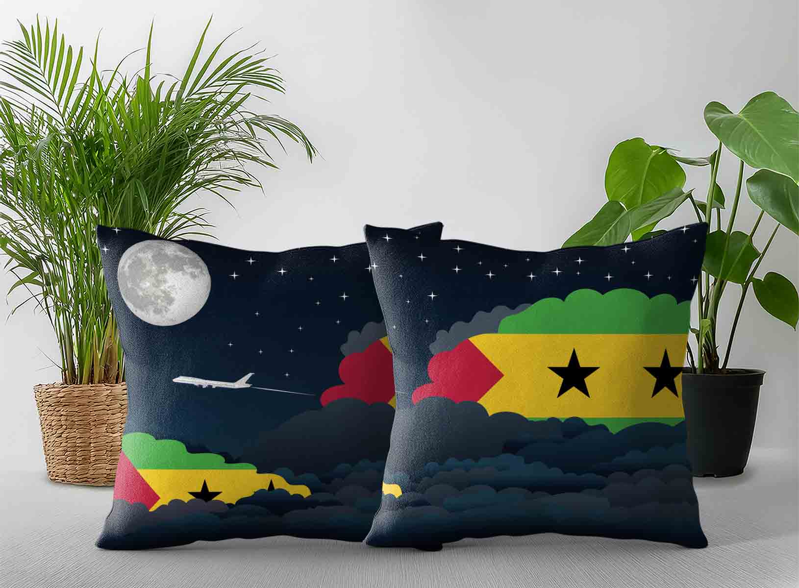 Sao Tome Case and Principe World Airplane Night Clouds Square & Rectangle Pillow Cases | Aviation Night Sky Decorative Throw Pillow Covers