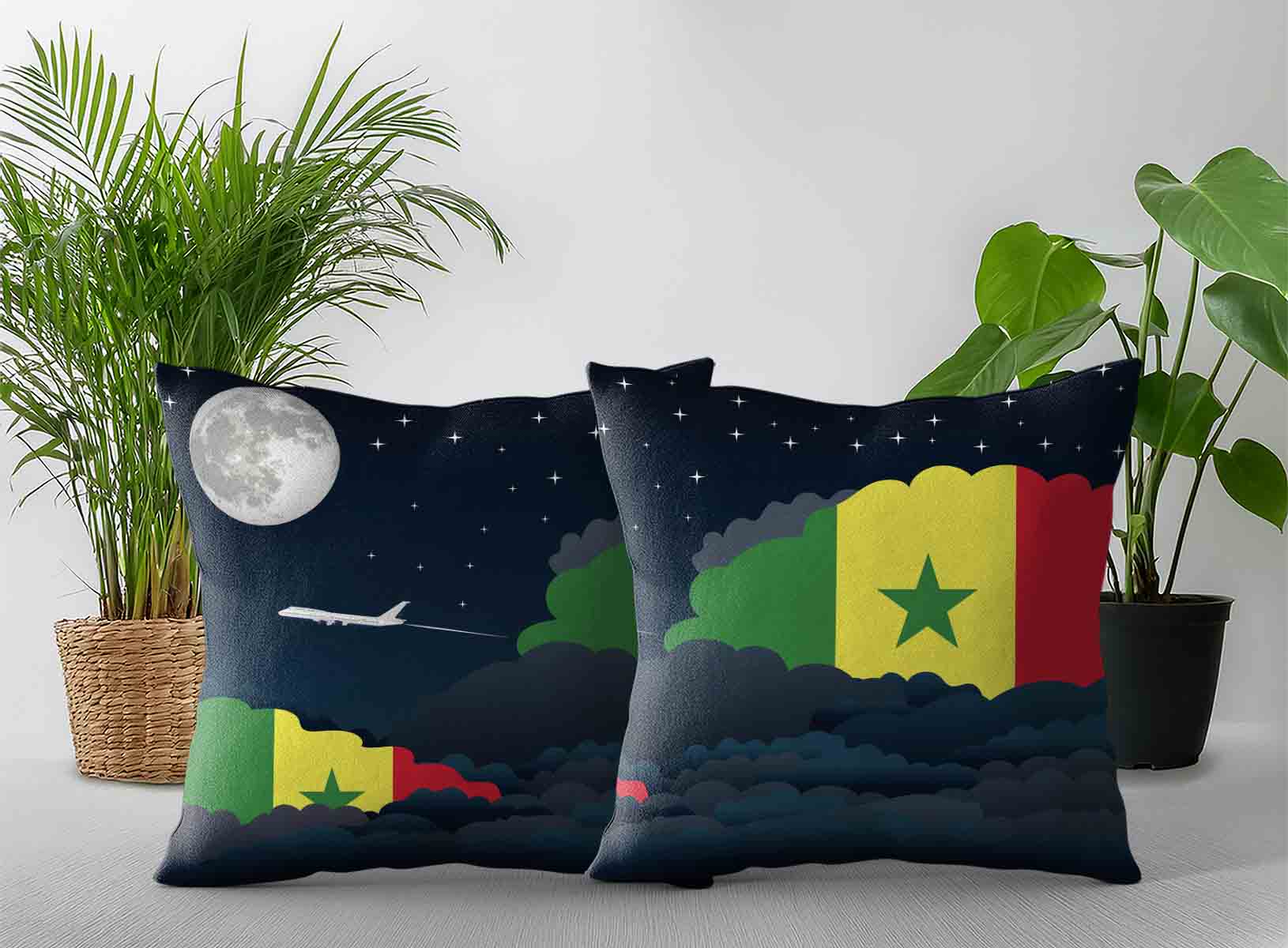 Senegal World Airplane Night Clouds Square & Rectangle Pillow Cases | Aviation Night Sky Decorative Throw Pillow Covers