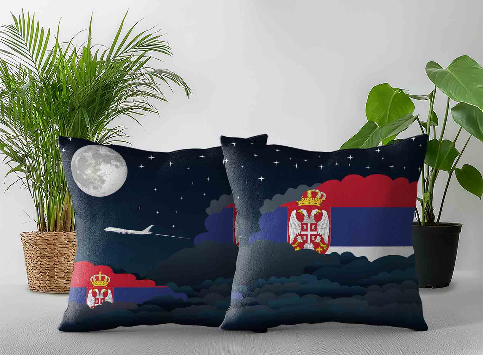 Serbia World Airplane Night Clouds Square & Rectangle Pillow Cases | Aviation Night Sky Decorative Throw Pillow Covers