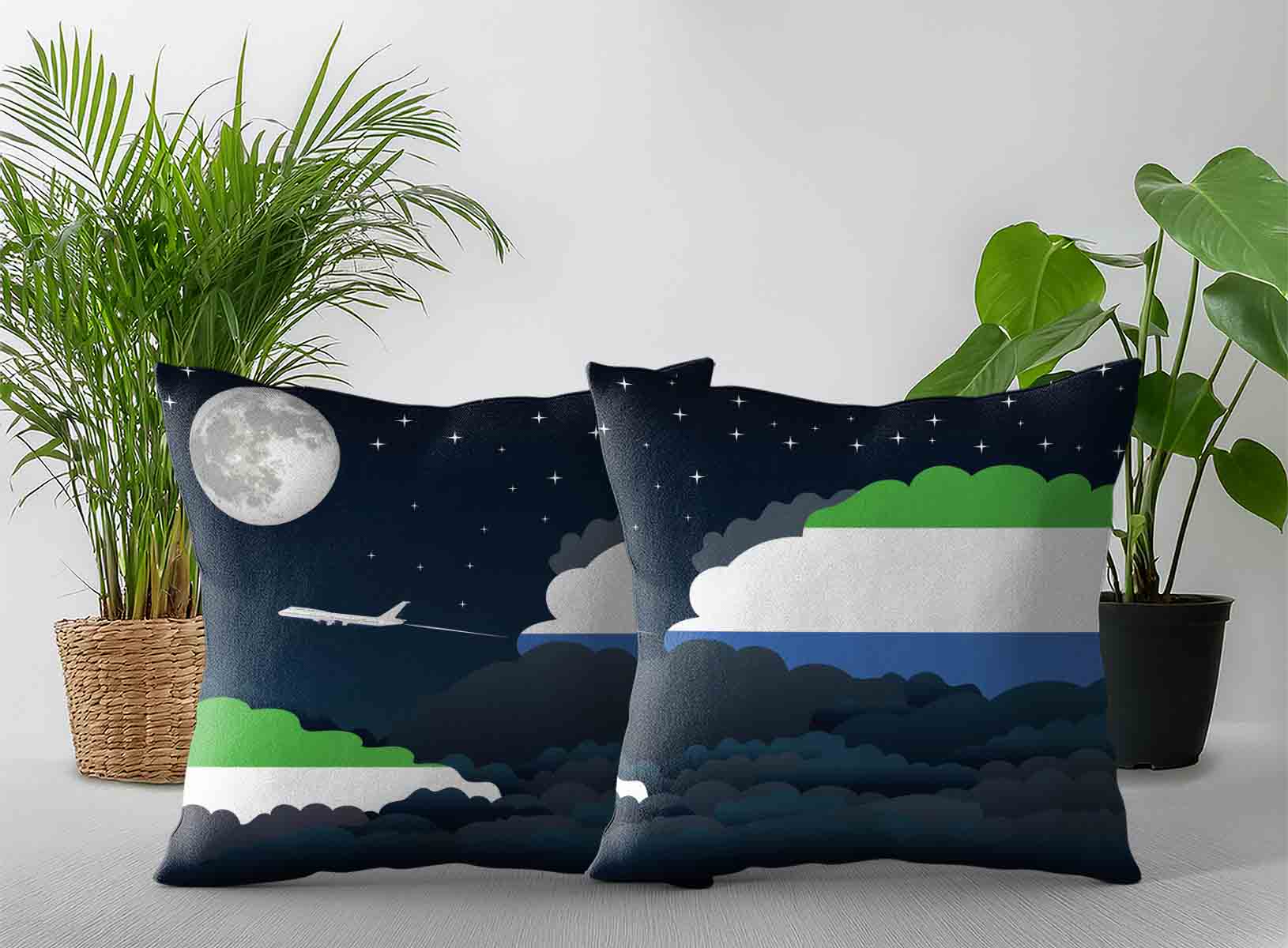 Sierra Leone World Airplane Night Clouds Square & Rectangle Pillow Cases | Aviation Night Sky Decorative Throw Pillow Covers