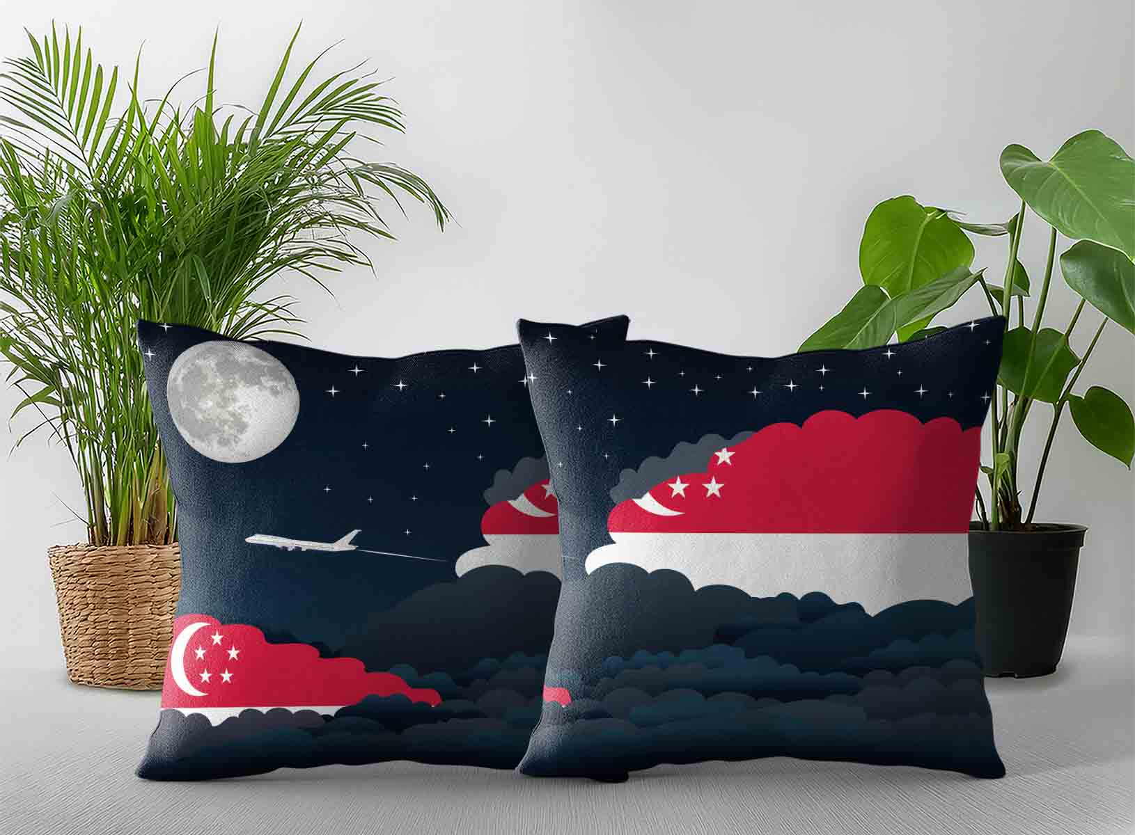 Singapore World Airplane Night Clouds Square & Rectangle Pillow Cases | Aviation Night Sky Decorative Throw Pillow Covers