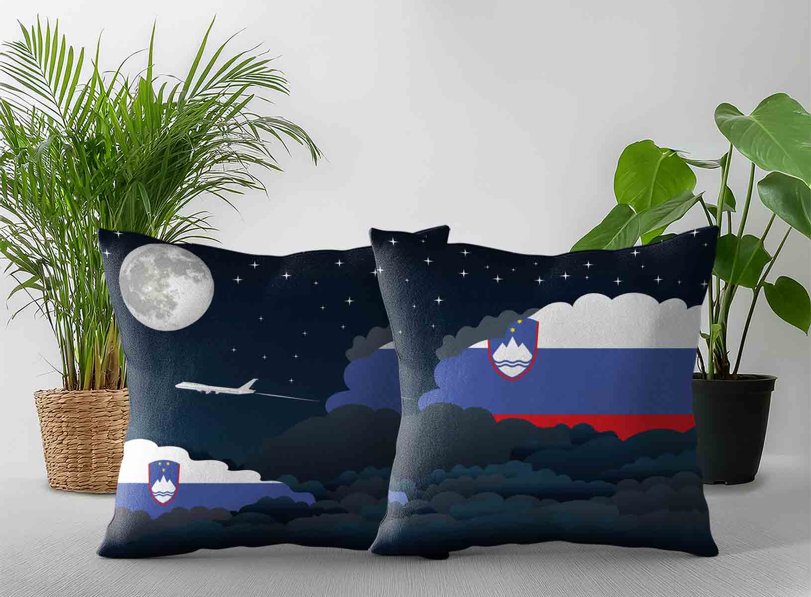 Slovenia World Airplane Night Clouds Square & Rectangle Pillow Cases | Aviation Night Sky Decorative Throw Pillow Covers