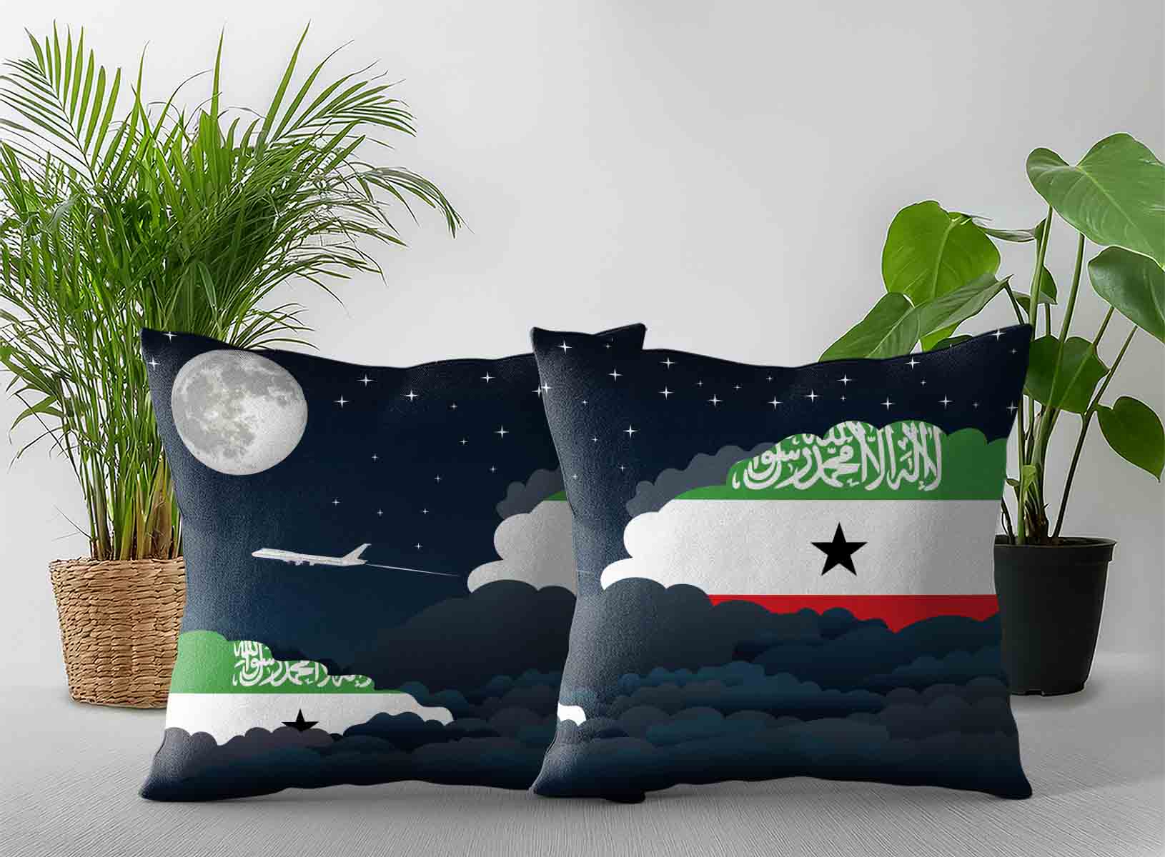 Somaliland World Airplane Night Clouds Square & Rectangle Pillow Cases | Aviation Night Sky Decorative Throw Pillow Covers