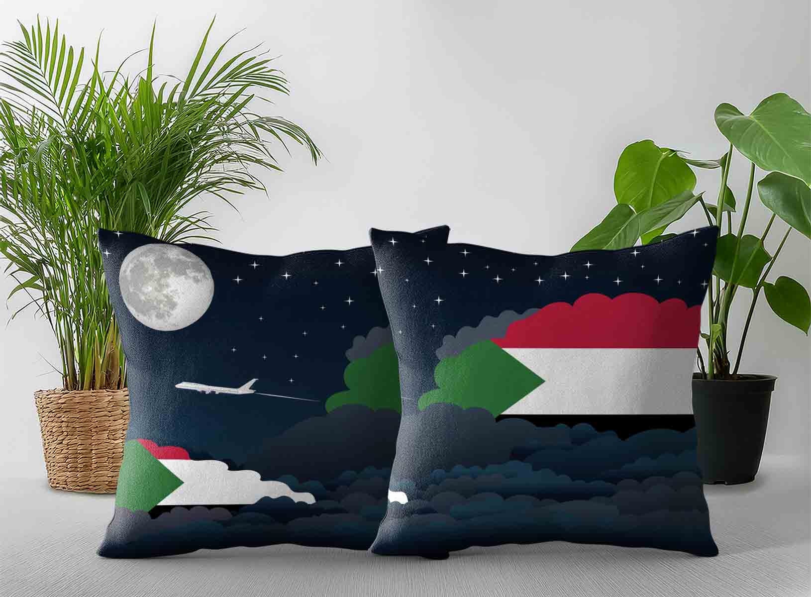 Sudan World Airplane Night Clouds Square & Rectangle Pillow Cases | Aviation Night Sky Decorative Throw Pillow Covers