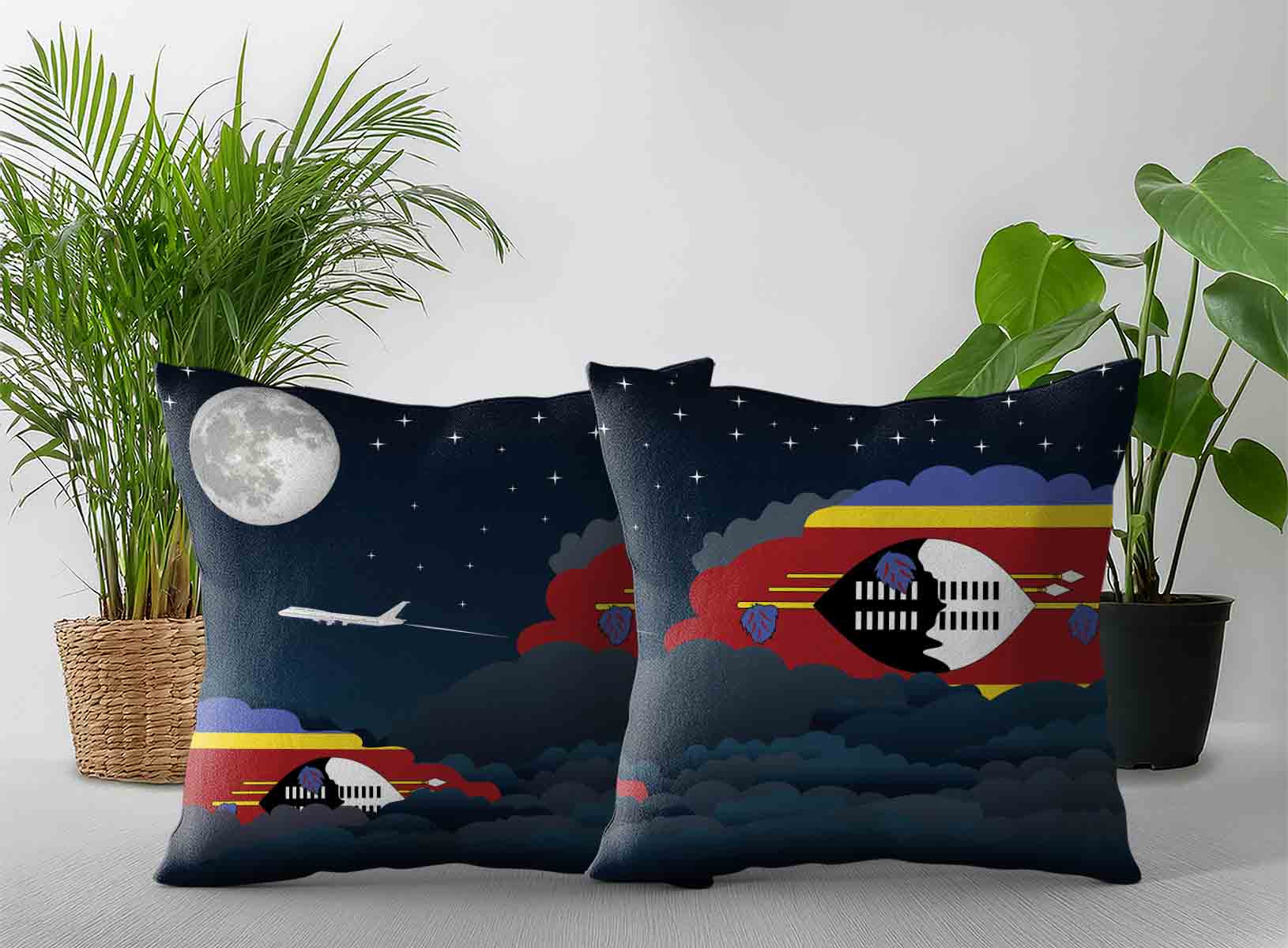 Swaziland World Airplane Night Clouds Square & Rectangle Pillow Cases | Aviation Night Sky Decorative Throw Pillow Covers