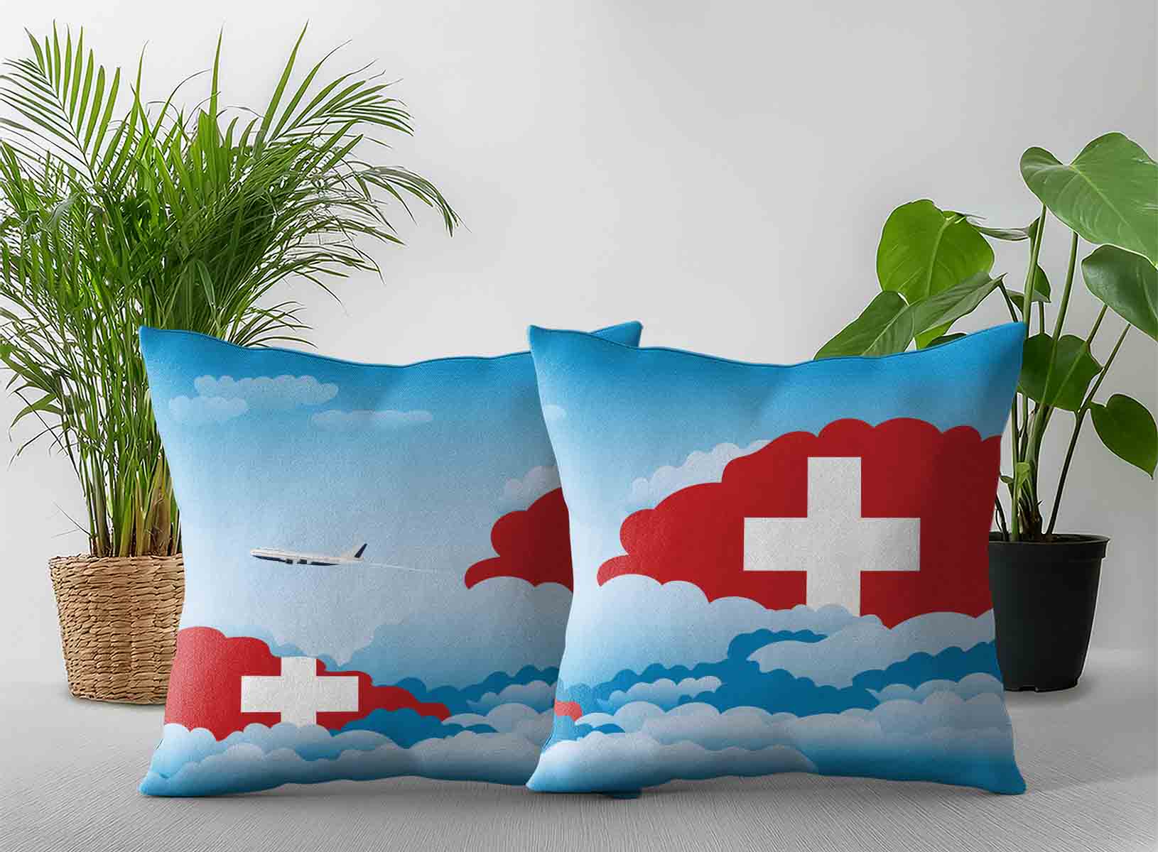 Switzerland World Airplane Day Clouds Square & Rectangle Pillow Cases | Aviation Sky Travel Decorative Throw Pillow Covers