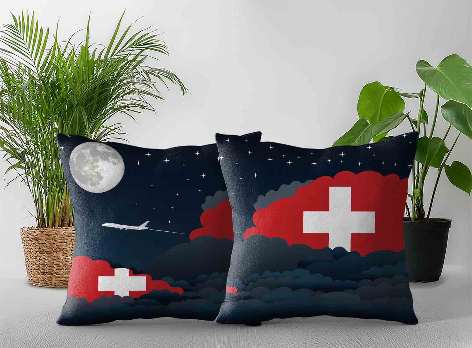 Switzerland World Airplane Night Clouds Square & Rectangle Pillow Cases | Aviation Night Sky Decorative Throw Pillow Covers