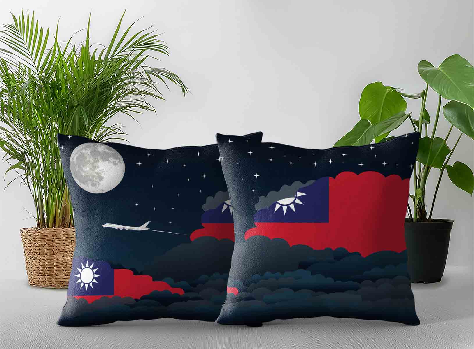 Taiwan World Airplane Night Clouds Square & Rectangle Pillow Cases | Aviation Night Sky Decorative Throw Pillow Covers