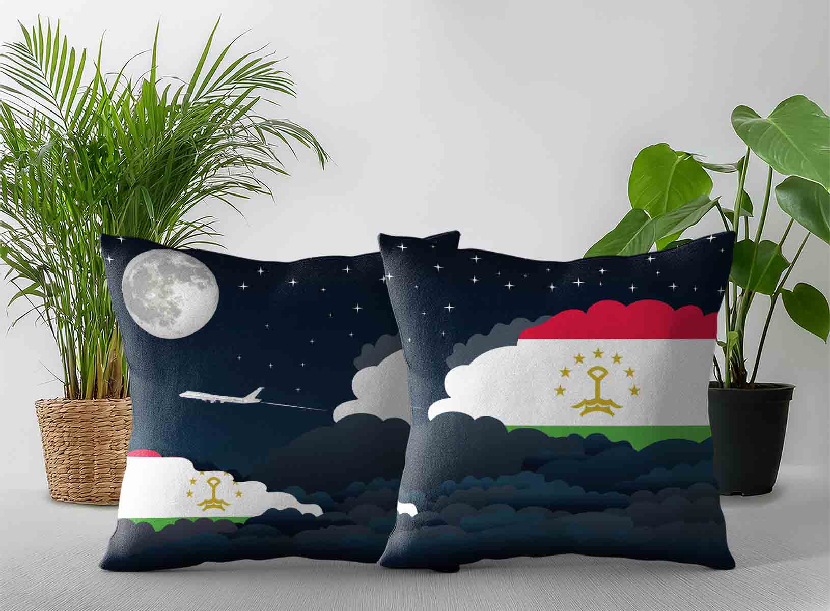 Tajikistan World Airplane Night Clouds Square & Rectangle Pillow Cases | Aviation Night Sky Decorative Throw Pillow Covers