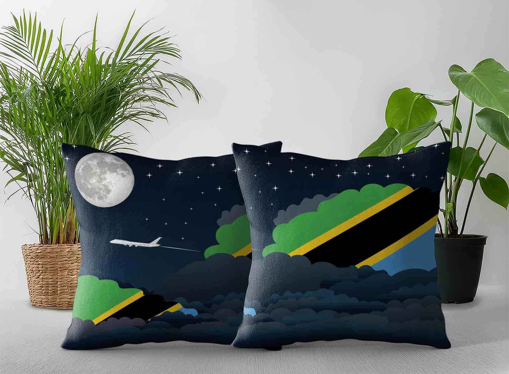 Tanzania World Airplane Night Clouds Square & Rectangle Pillow Cases | Aviation Night Sky Decorative Throw Pillow Covers