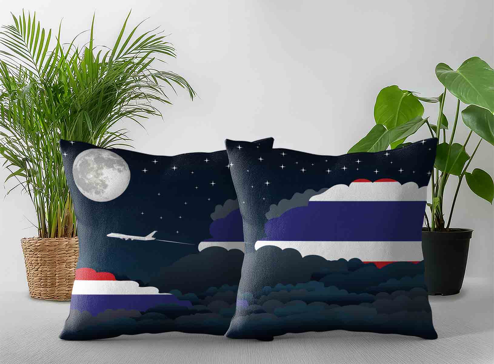 Thailand World Airplane Night Clouds Square & Rectangle Pillow Cases | Aviation Night Sky Decorative Throw Pillow Covers