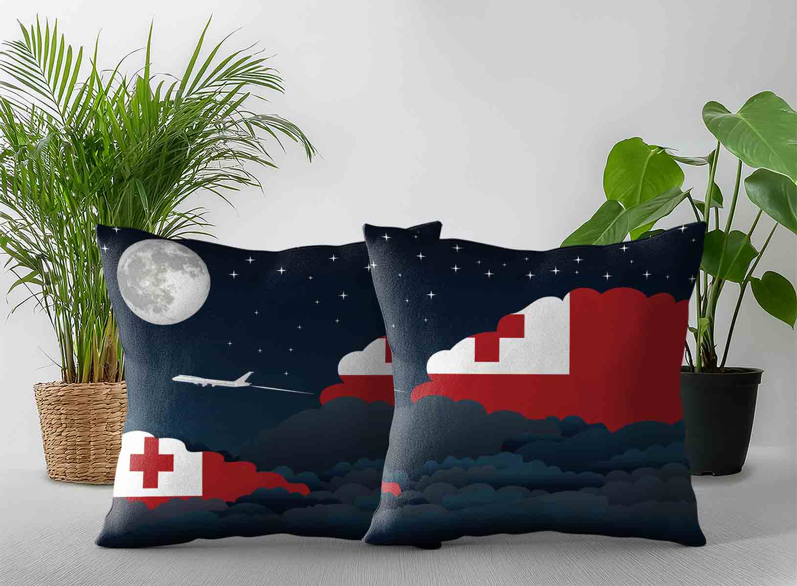 Tonga World Airplane Night Clouds Square & Rectangle Pillow Cases | Aviation Night Sky Decorative Throw Pillow Covers