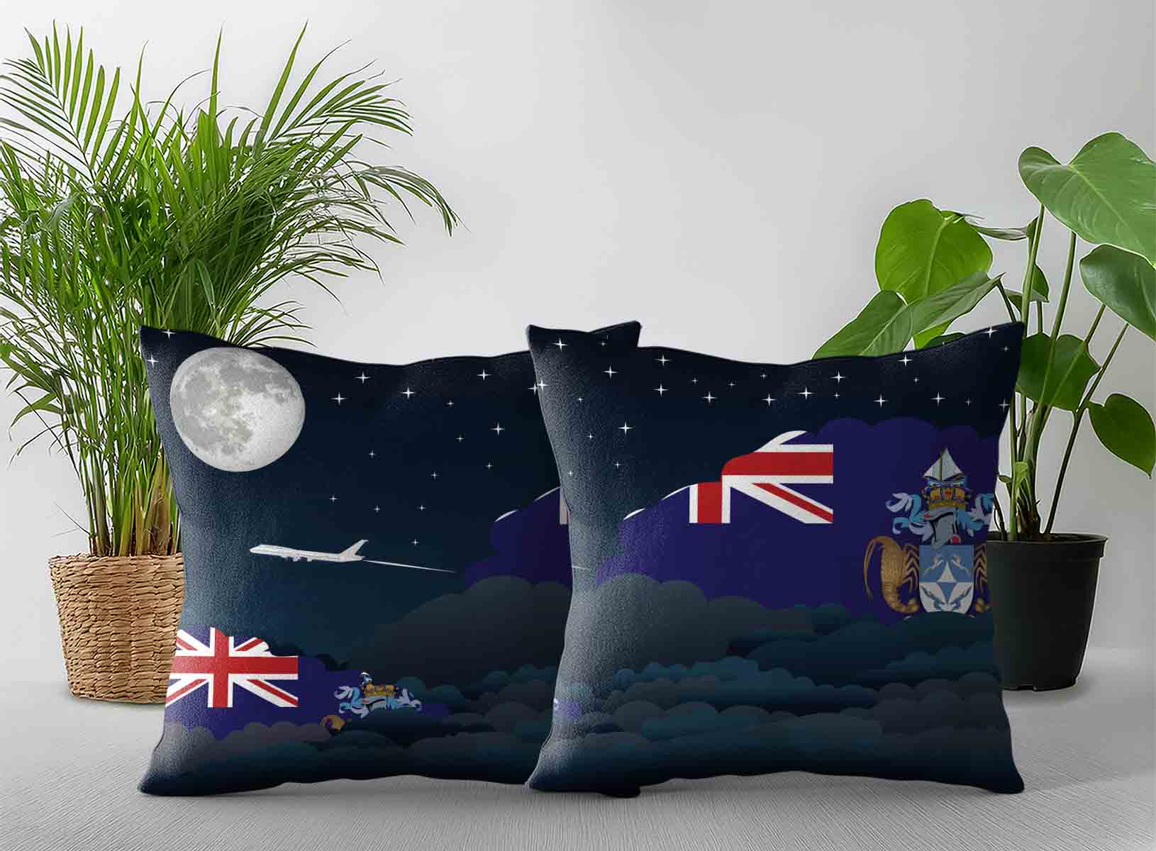 Tristan da Cunha World Airplane Night Clouds Square & Rectangle Pillow Cases | Aviation Night Sky Decorative Throw Pillow Covers