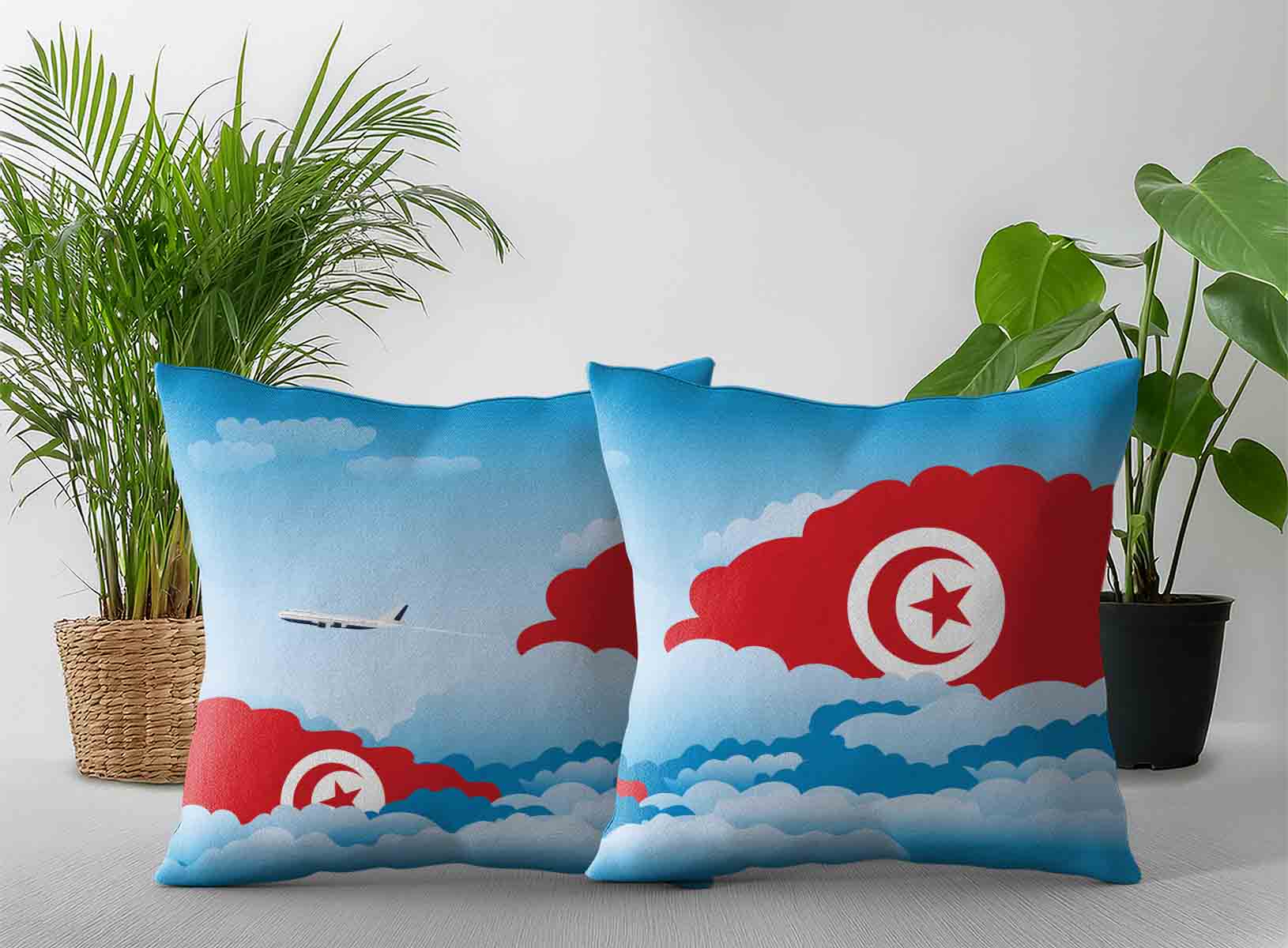 Tunisia World Airplane Day Clouds Square & Rectangle Pillow Cases | Aviation Sky Travel Decorative Throw Pillow Covers