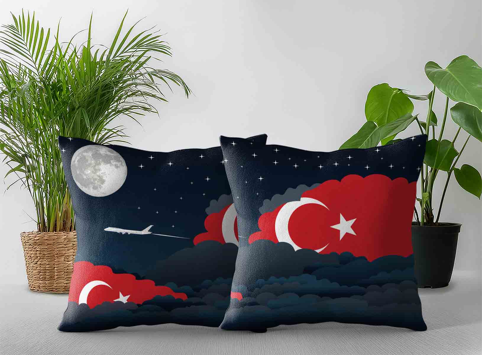 Turkey World Airplane Night Clouds Square & Rectangle Pillow Cases | Aviation Night Sky Decorative Throw Pillow Covers
