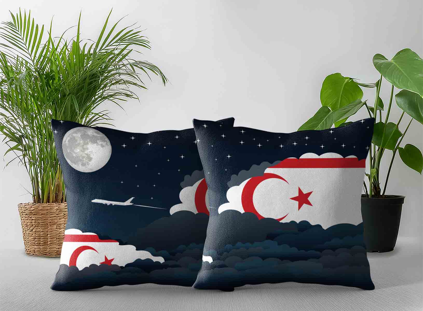 Turkish Republic of Northern Cyprus World Airplane Night Clouds Square & Rectangle Pillow Cases | Aviation Night Sky Decorative Throw Pillow Covers
