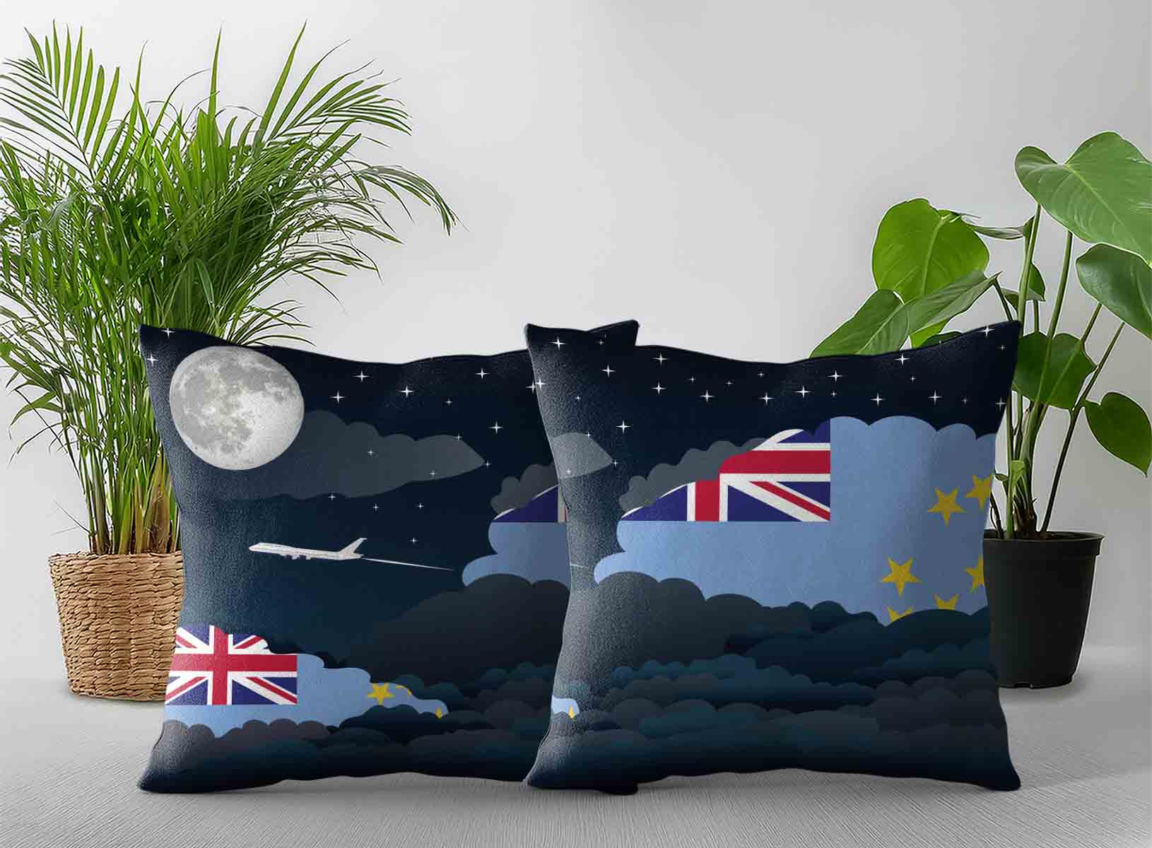 Tuvalu World Airplane Night Clouds Square & Rectangle Pillow Cases | Aviation Night Sky Decorative Throw Pillow Covers