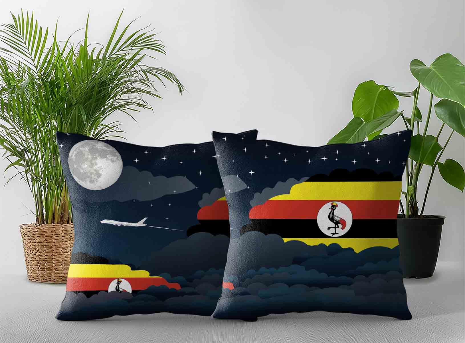 Uganda World Airplane Night Clouds Square & Rectangle Pillow Cases | Aviation Night Sky Decorative Throw Pillow Covers