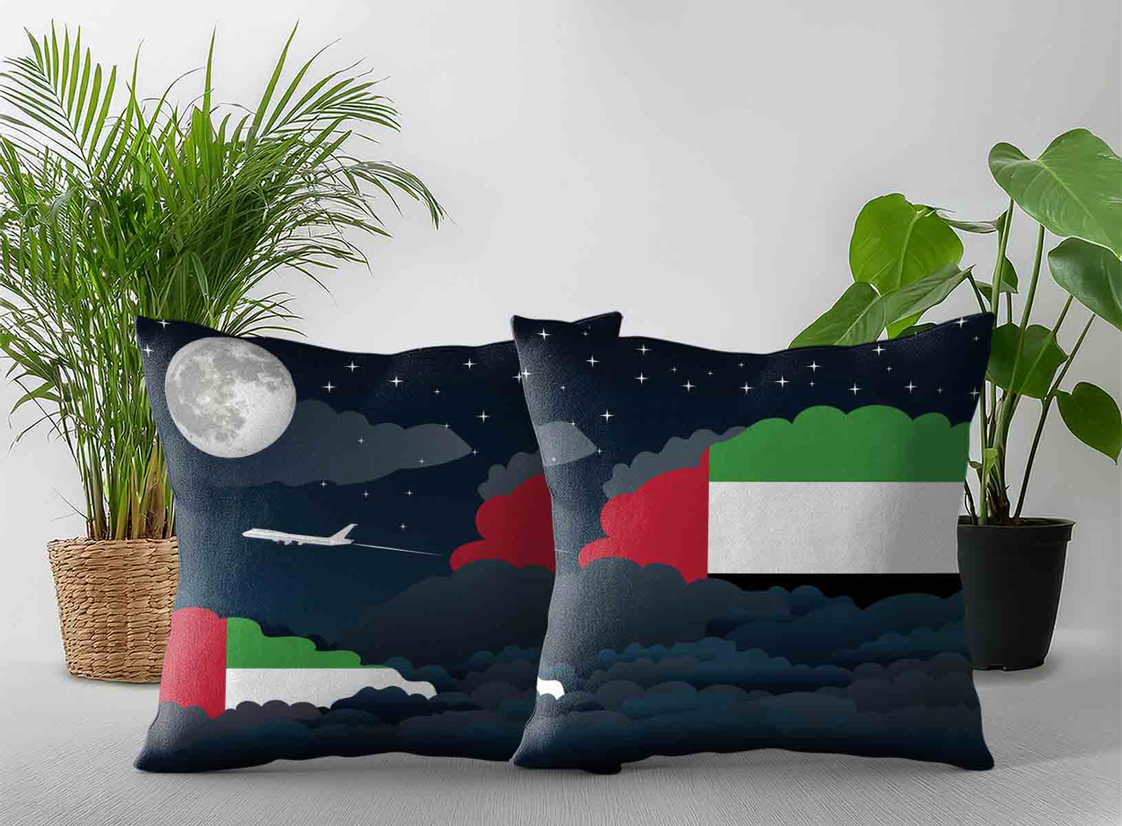 United Arab Emirates World Airplane Night Clouds Square & Rectangle Pillow Cases | Aviation Night Sky Decorative Throw Pillow Covers