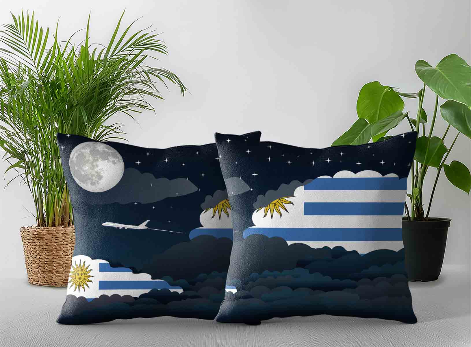 Uruguay World Airplane Night Clouds Square & Rectangle Pillow Cases | Aviation Night Sky Decorative Throw Pillow Covers