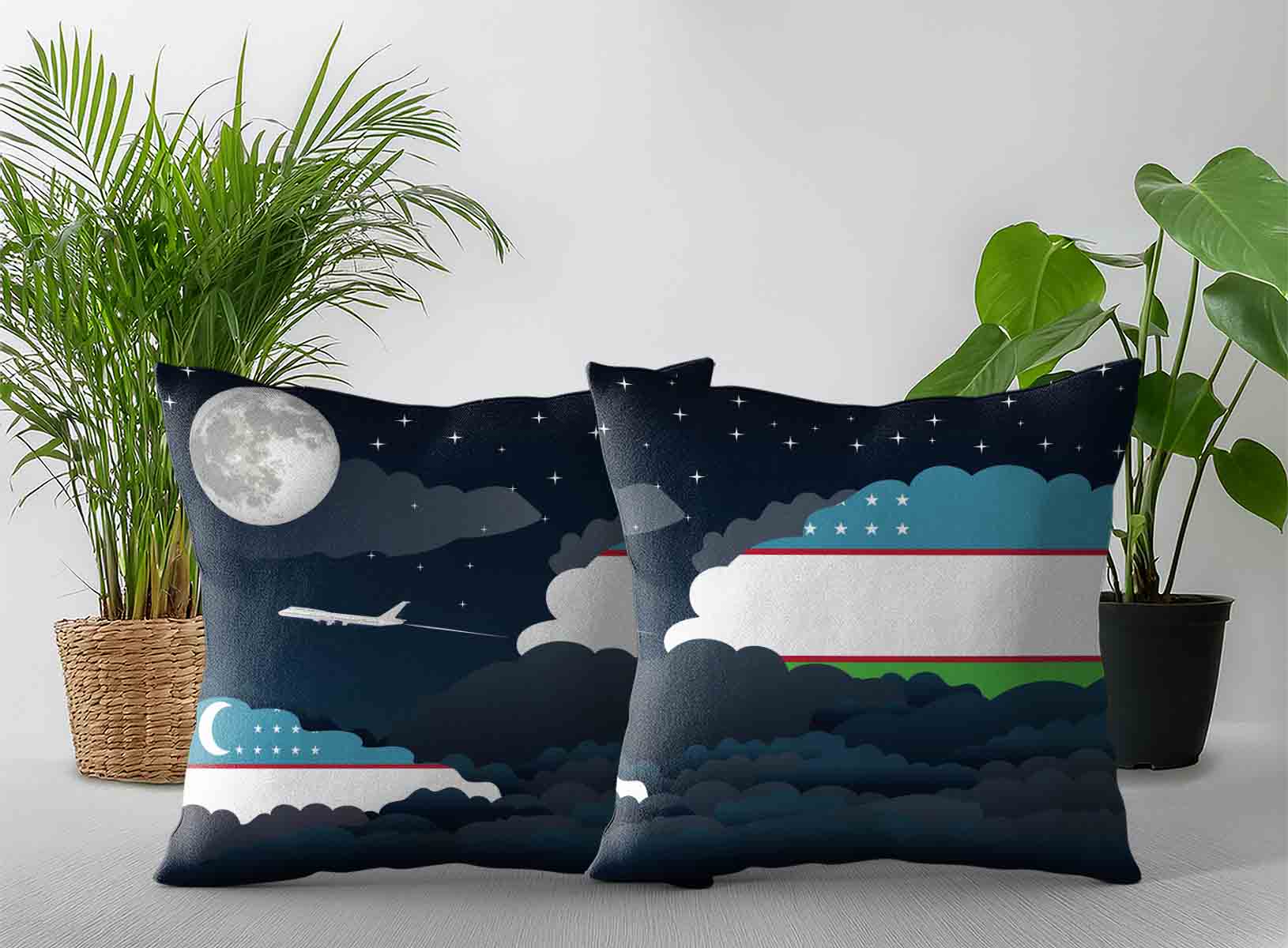 Uzbekistan World Airplane Night Clouds Square & Rectangle Pillow Cases | Aviation Night Sky Decorative Throw Pillow Covers