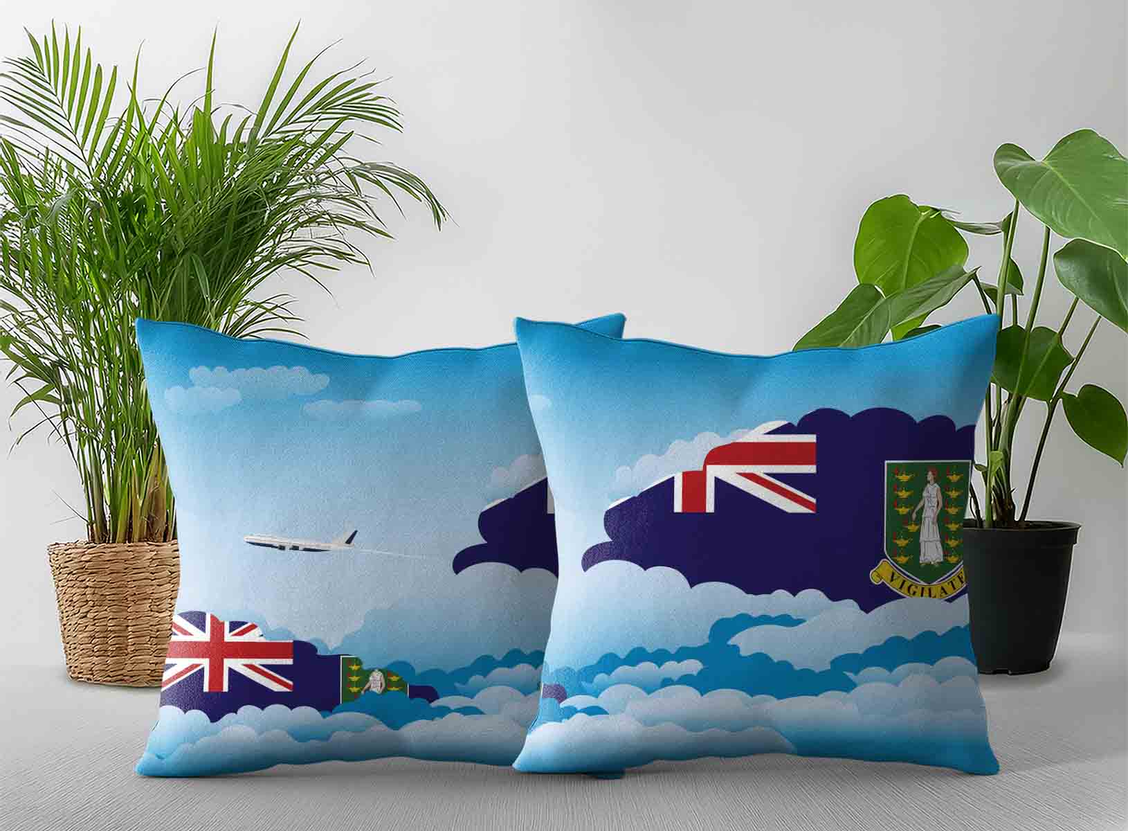 Virgin Islands UK World Airplane Day Clouds Square & Rectangle Pillow Cases | Aviation Sky Travel Decorative Throw Pillow Covers