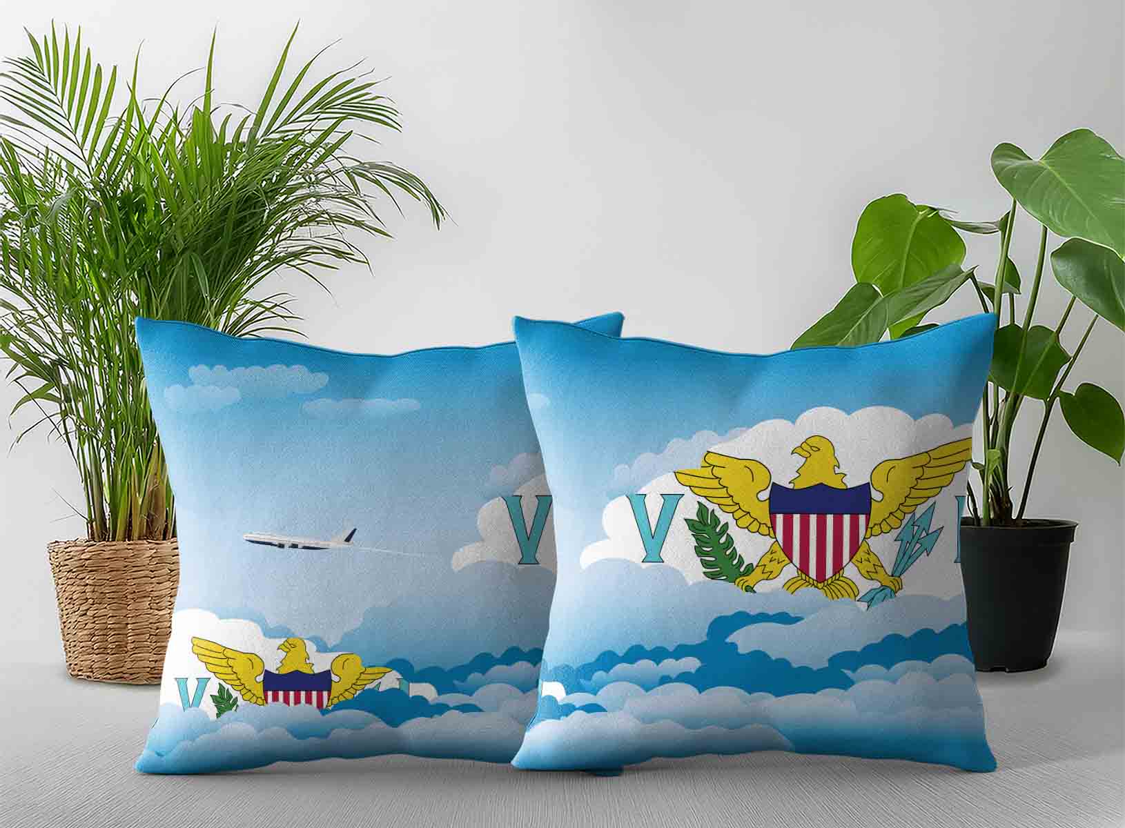 Virgin Islands US World Airplane Day Clouds Square & Rectangle Pillow Cases | Aviation Sky Travel Decorative Throw Pillow Covers