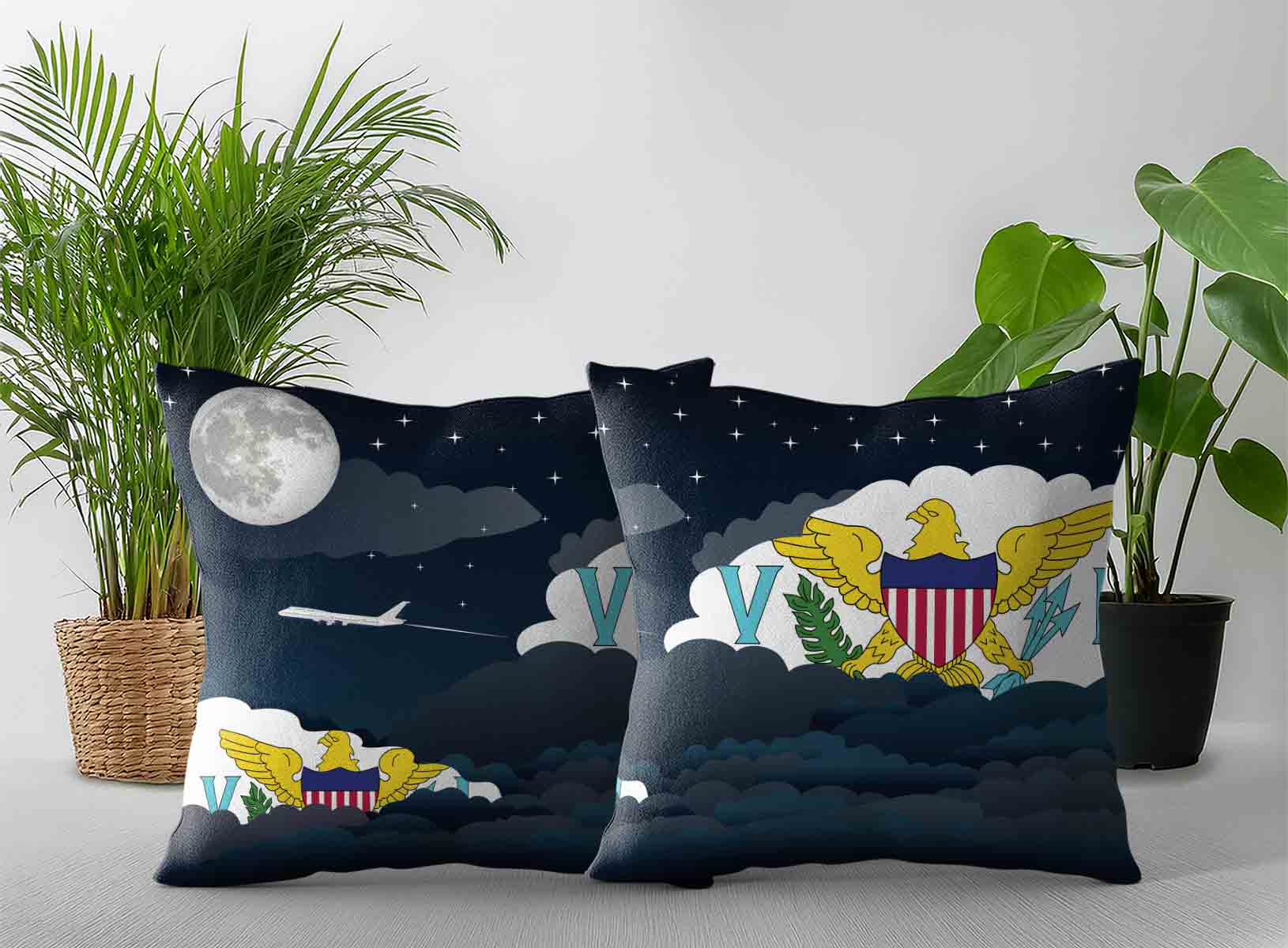 Virgin Islands US World Airplane Night Clouds Square & Rectangle Pillow Cases | Aviation Night Sky Decorative Throw Pillow Covers